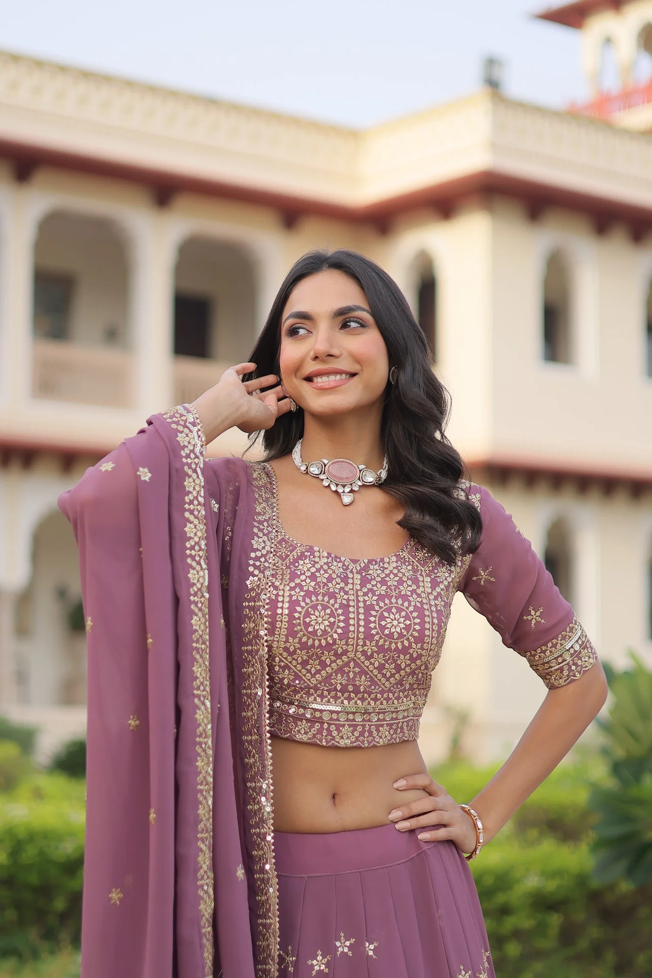 Women's Faux Georgette Lehenga Choli with Dupatta in Onion Pink — photo 6 of 9