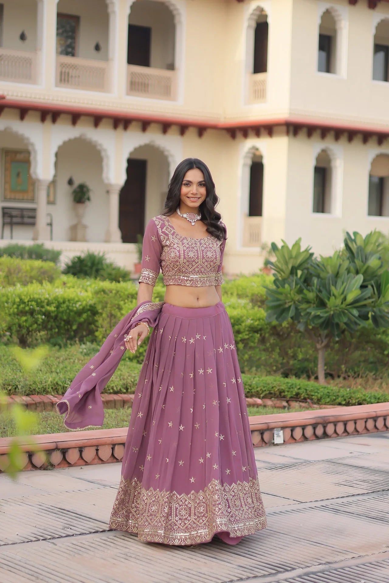 Women's Faux Georgette Lehenga Choli with Dupatta in Onion Pink — photo 7 of 9