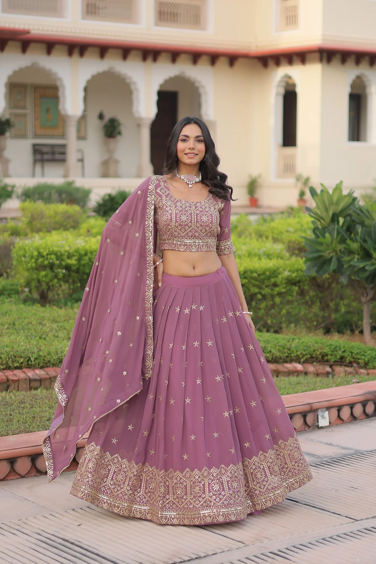 Women's Faux Georgette Lehenga Choli with Dupatta in Onion Pink — photo 8 of 9