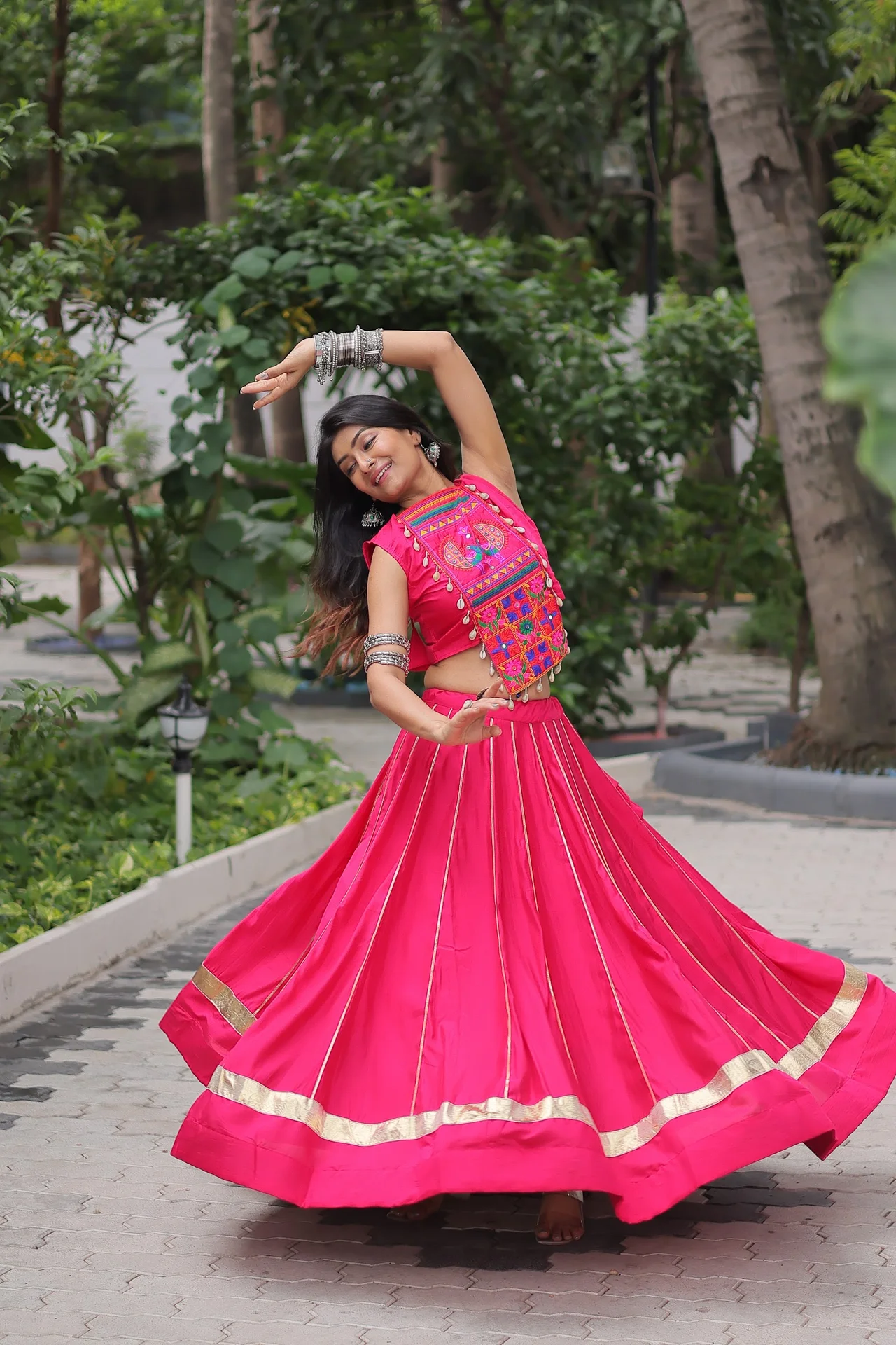 Women's Roman Fabric Lehenga Choli with Stitched Top in Rani Pink — photo 2 of 9