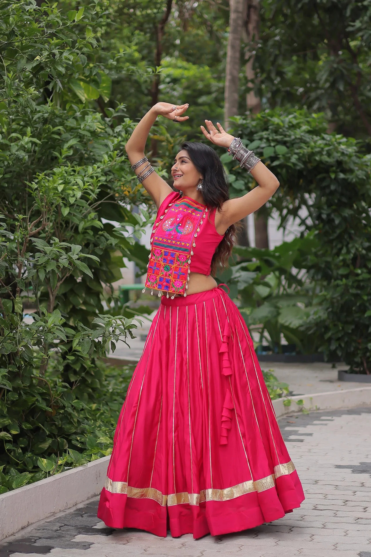 Women's Roman Fabric Lehenga Choli with Stitched Top in Rani Pink — photo 3 of 9