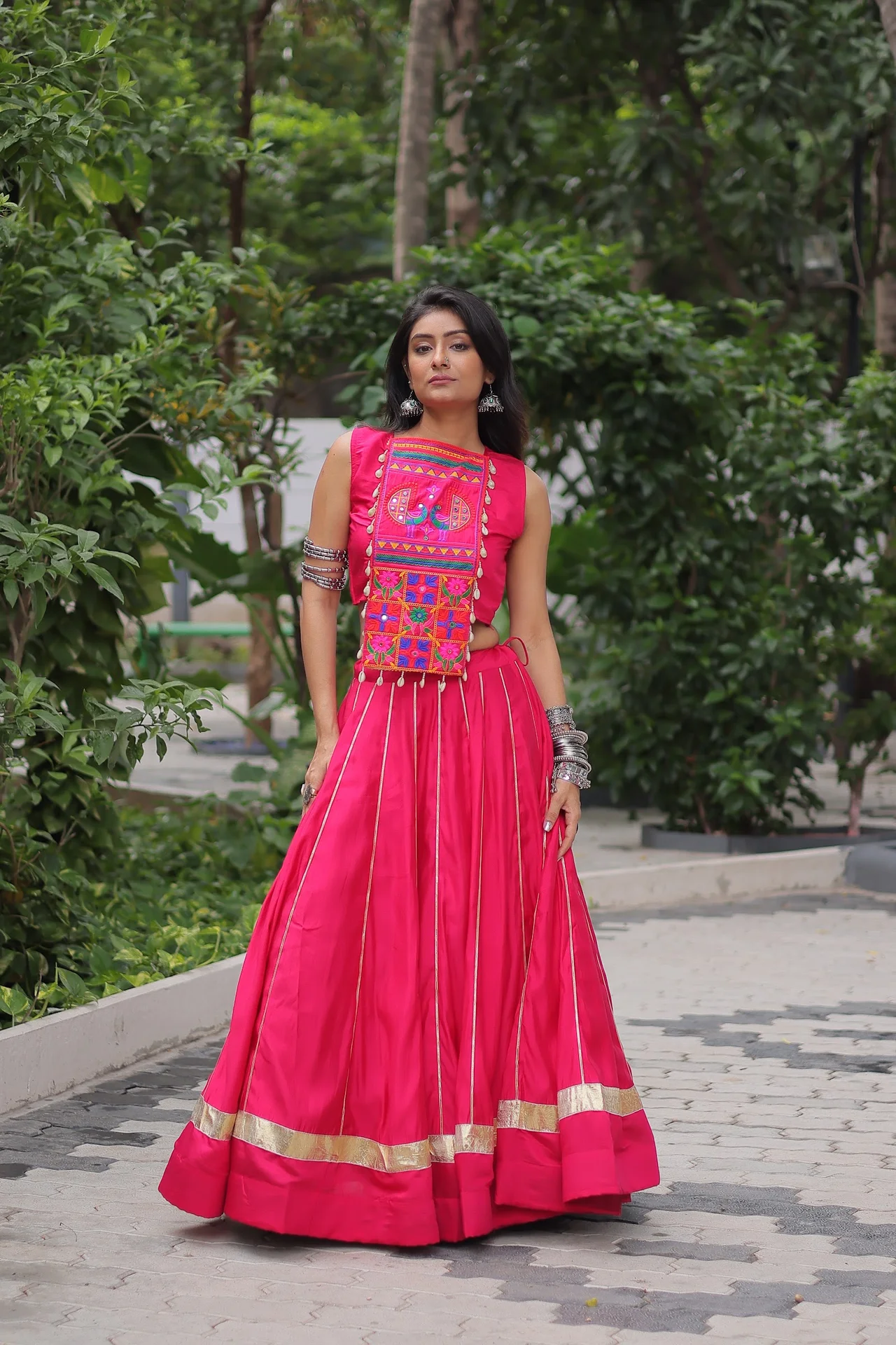 Women's Roman Fabric Lehenga Choli with Stitched Top in Rani Pink — photo 4 of 9