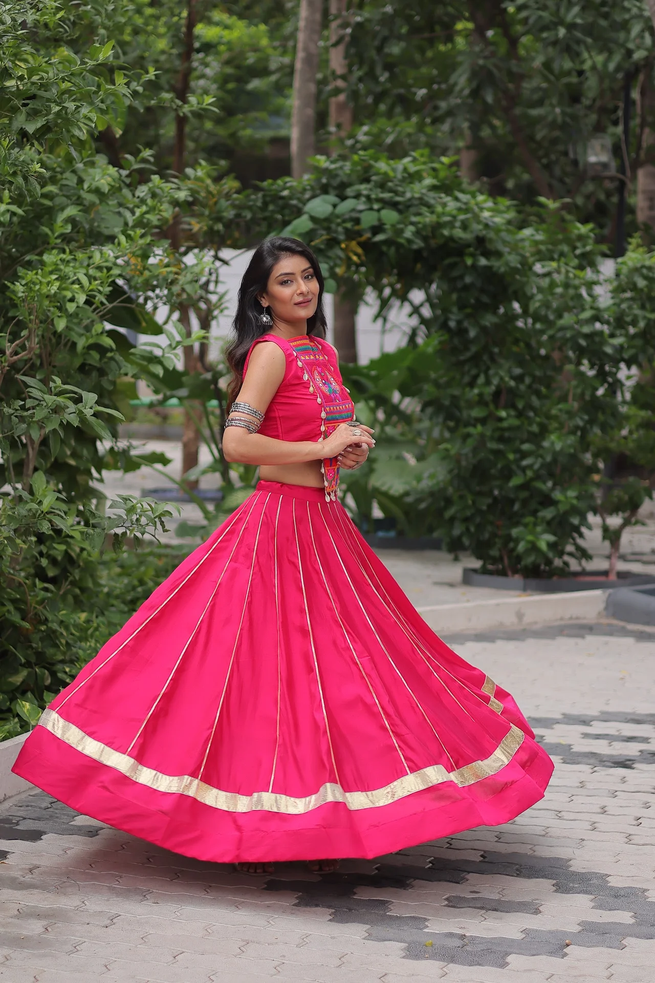 Women's Roman Fabric Lehenga Choli with Stitched Top in Rani Pink — photo 5 of 9