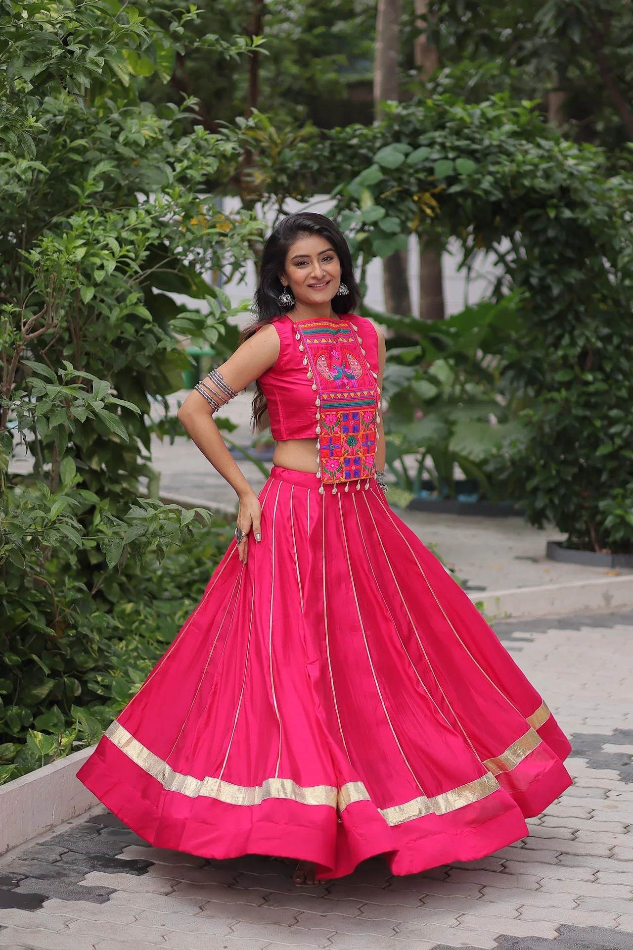 Women's Roman Fabric Lehenga Choli with Stitched Top in Rani Pink — photo 6 of 9
