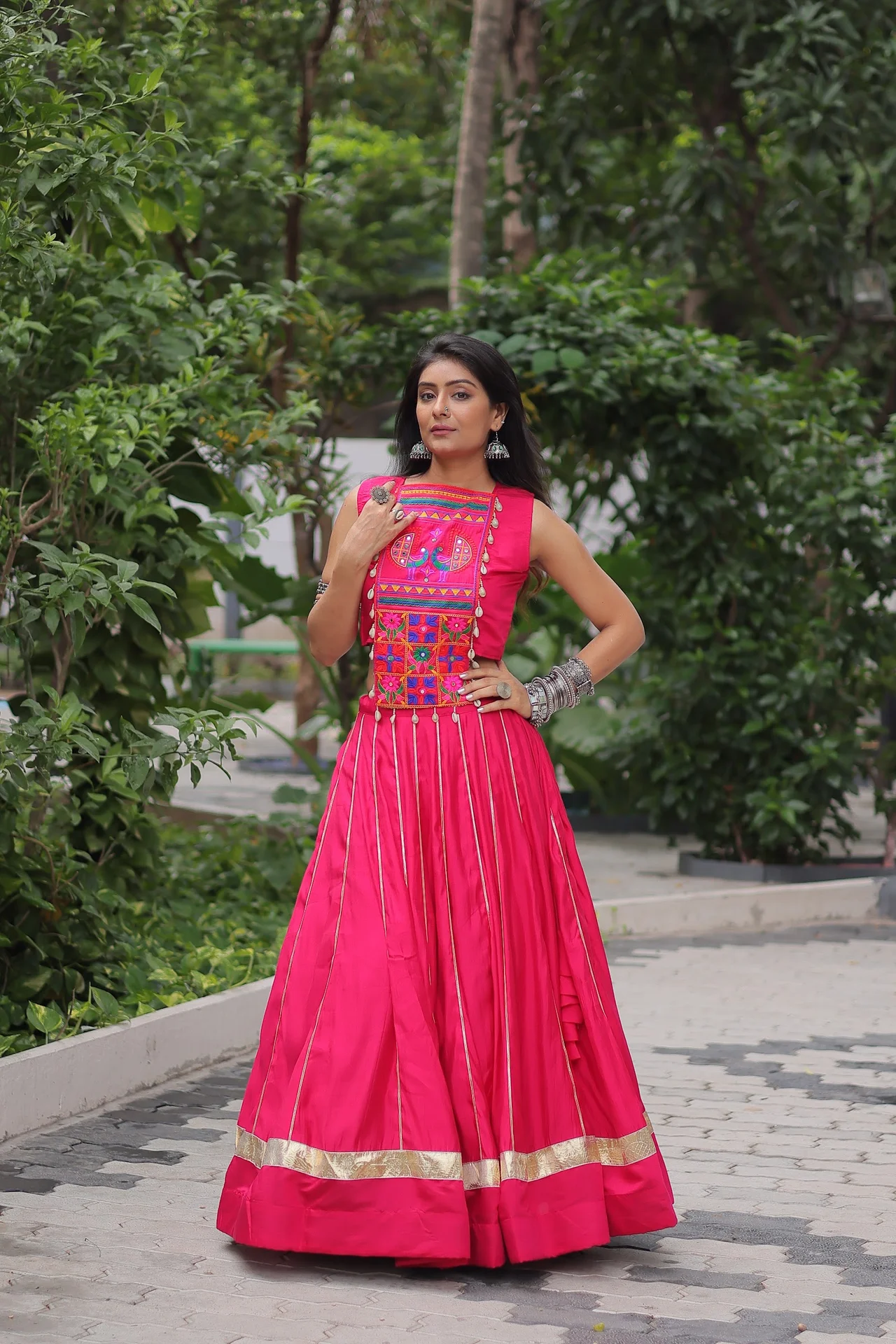 Women's Roman Fabric Lehenga Choli with Stitched Top in Rani Pink — photo 7 of 9