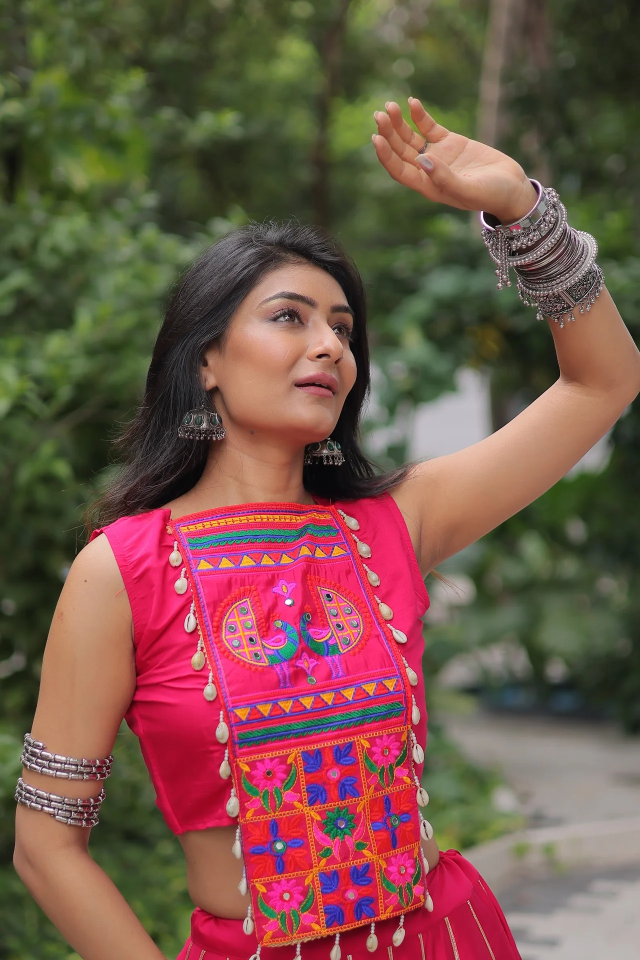 Women's Roman Fabric Lehenga Choli with Stitched Top in Rani Pink — photo 8 of 9