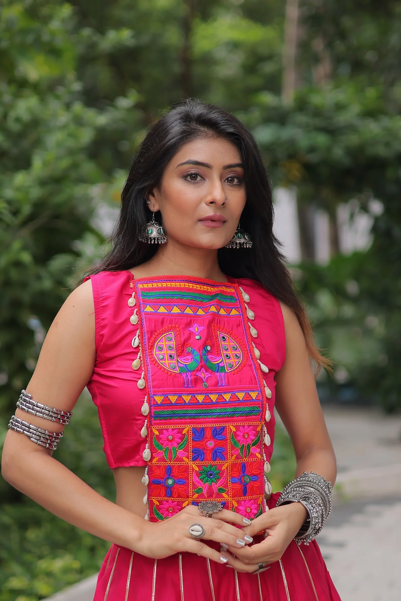Women's Roman Fabric Lehenga Choli with Stitched Top in Rani Pink — photo 9 of 9