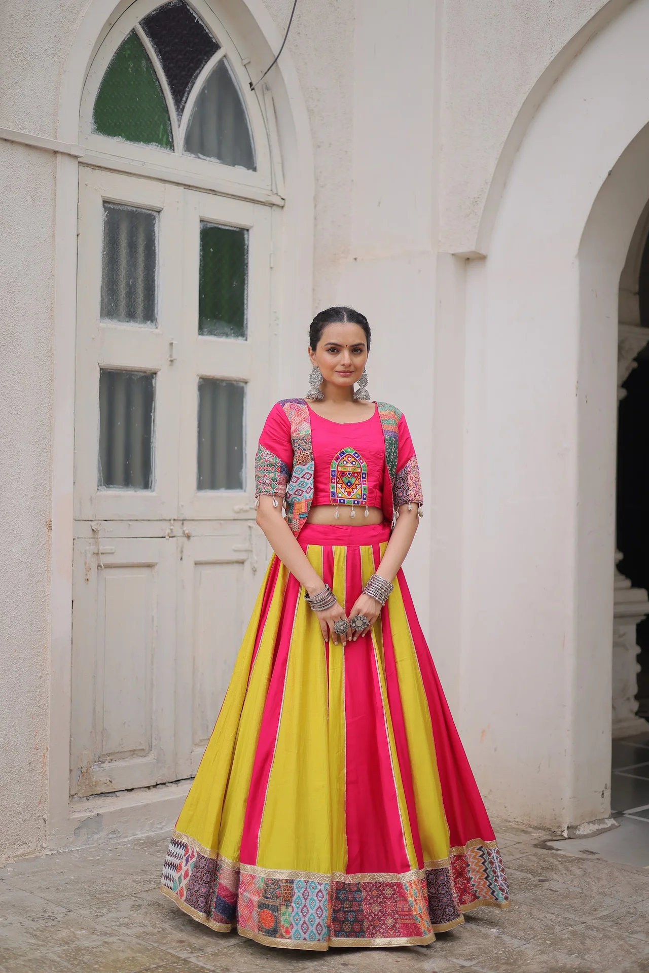 Women's Roman Silk Lehenga Choli with Koti Top in Multicolour — photo 2 of 9