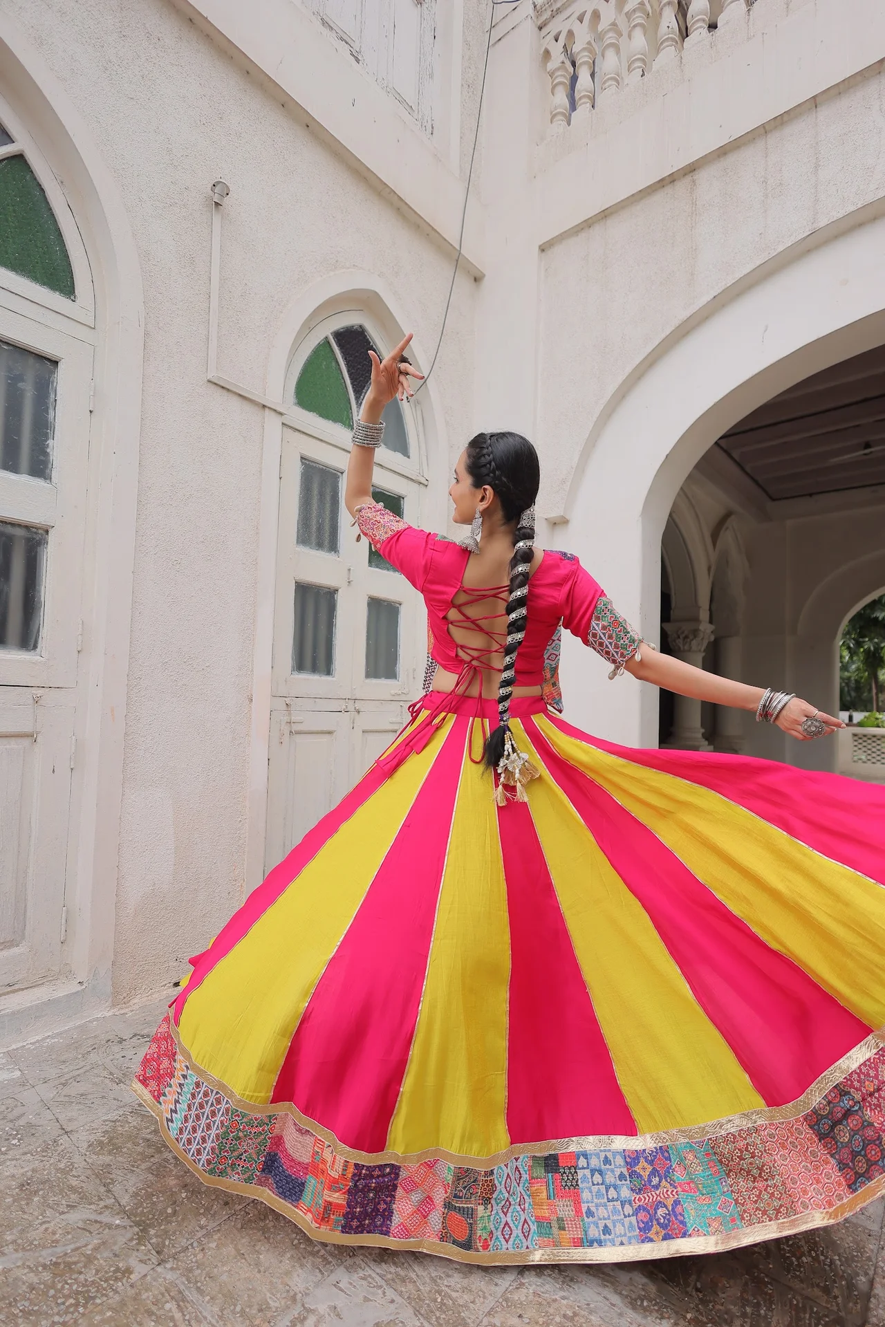 Women's Roman Silk Lehenga Choli with Koti Top in Multicolour — photo 5 of 9