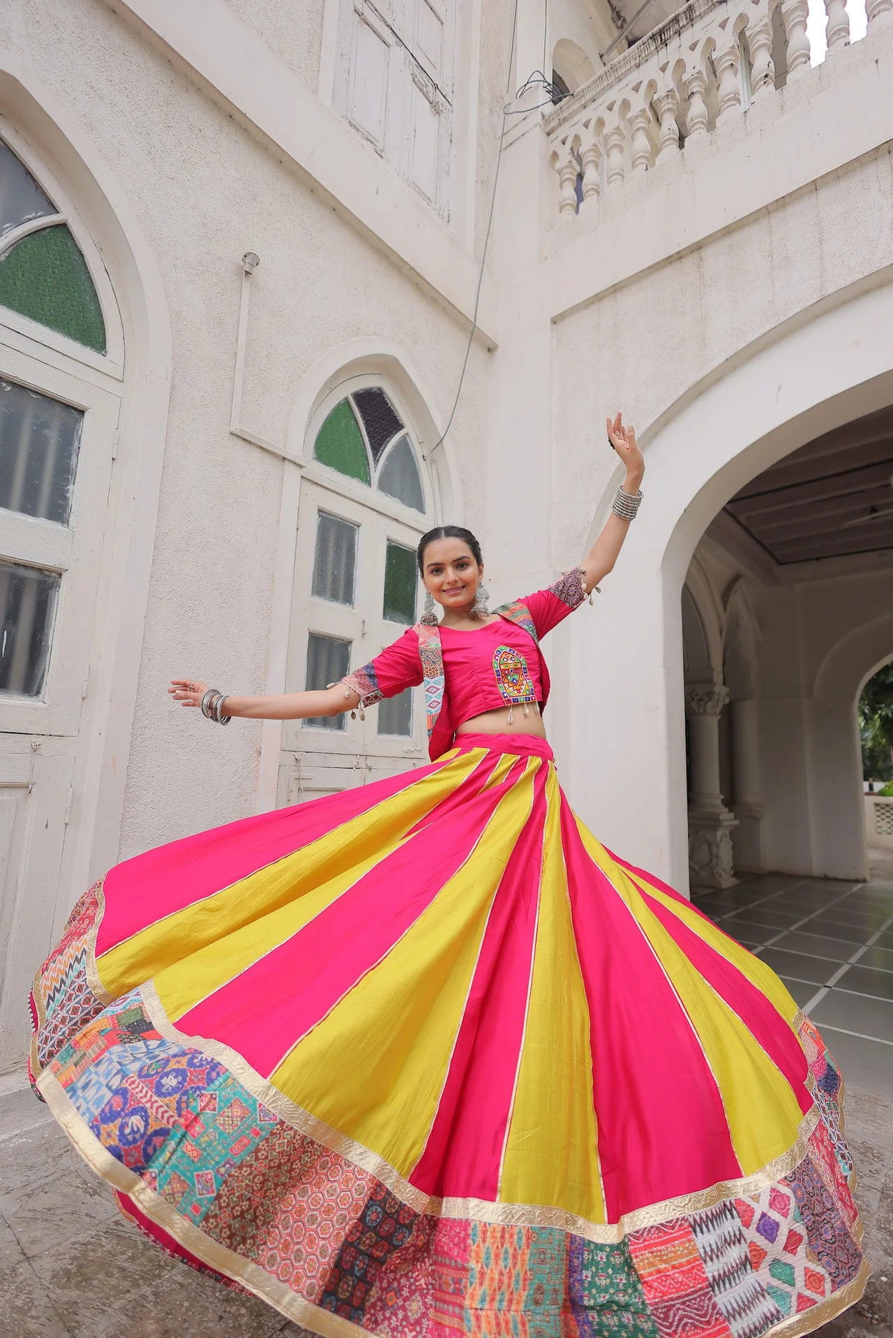 Women's Roman Silk Lehenga Choli with Koti Top in Multicolour — photo 6 of 9