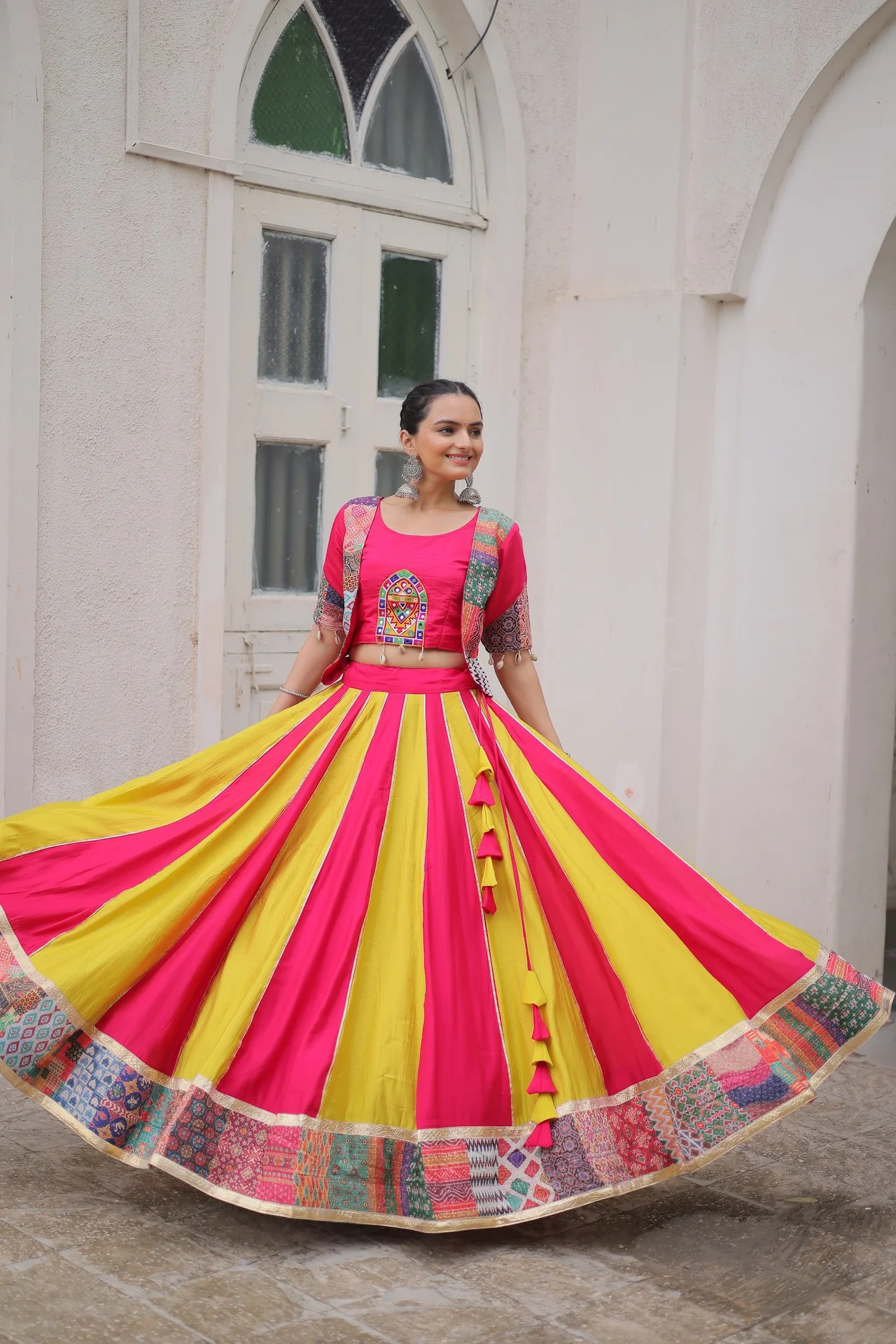 Women's Roman Silk Lehenga Choli with Koti Top in Multicolour — photo 8 of 9