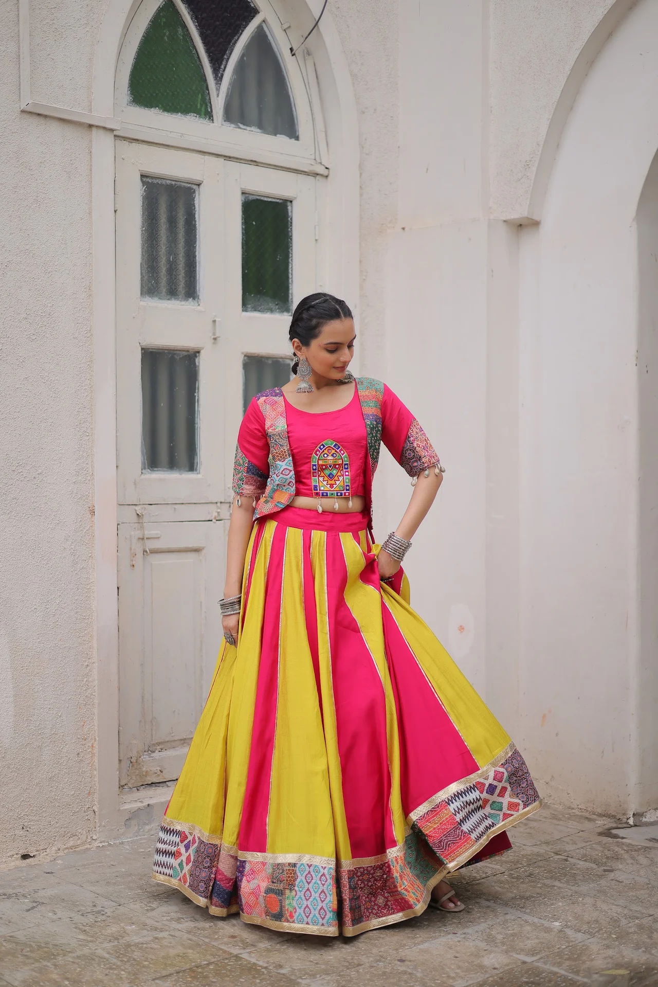 Women's Roman Silk Lehenga Choli with Koti Top in Multicolour — photo 9 of 9