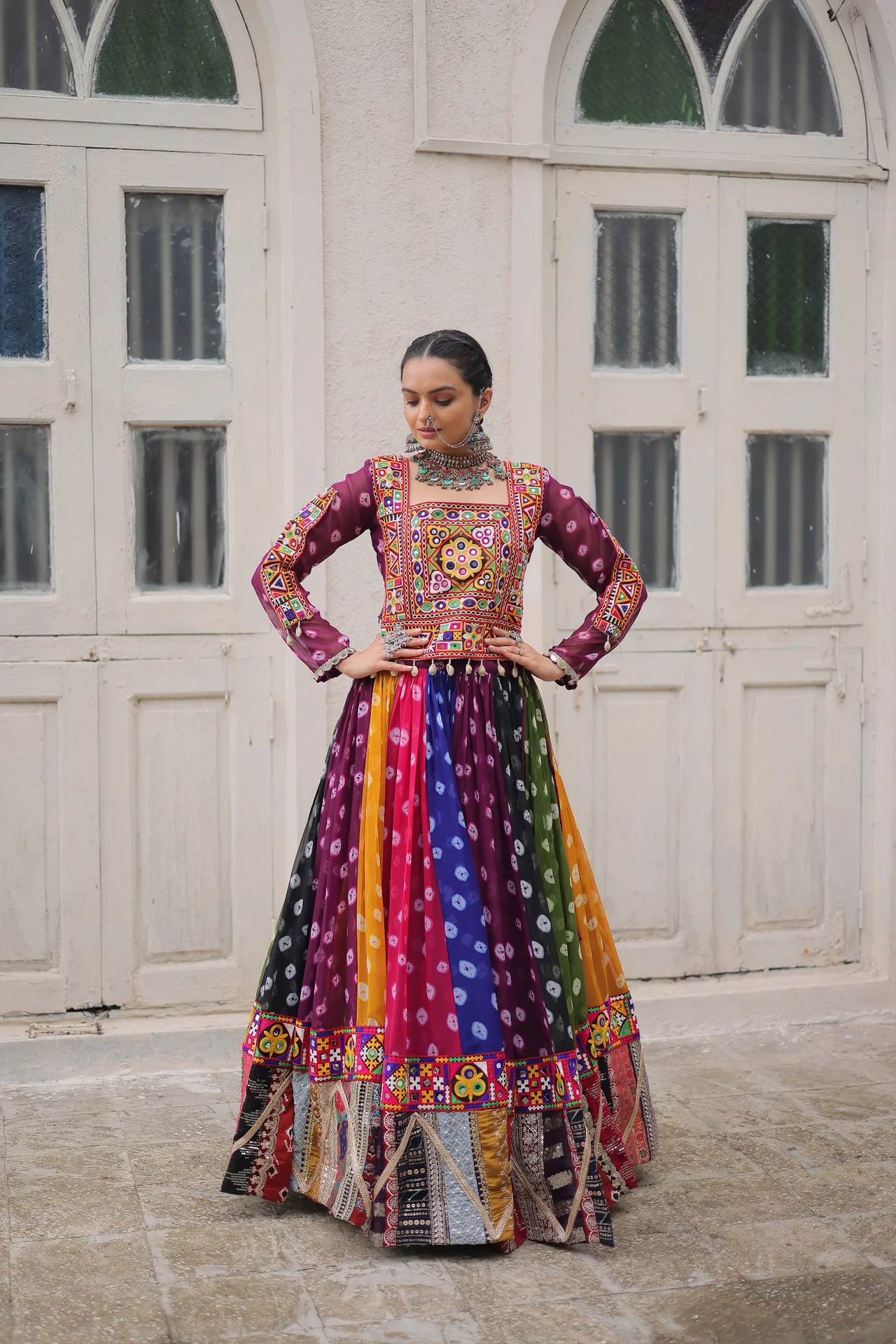 Women's Georgette Navratri Lehenga Choli with Stitched Top in Multicolour — photo 2 of 10