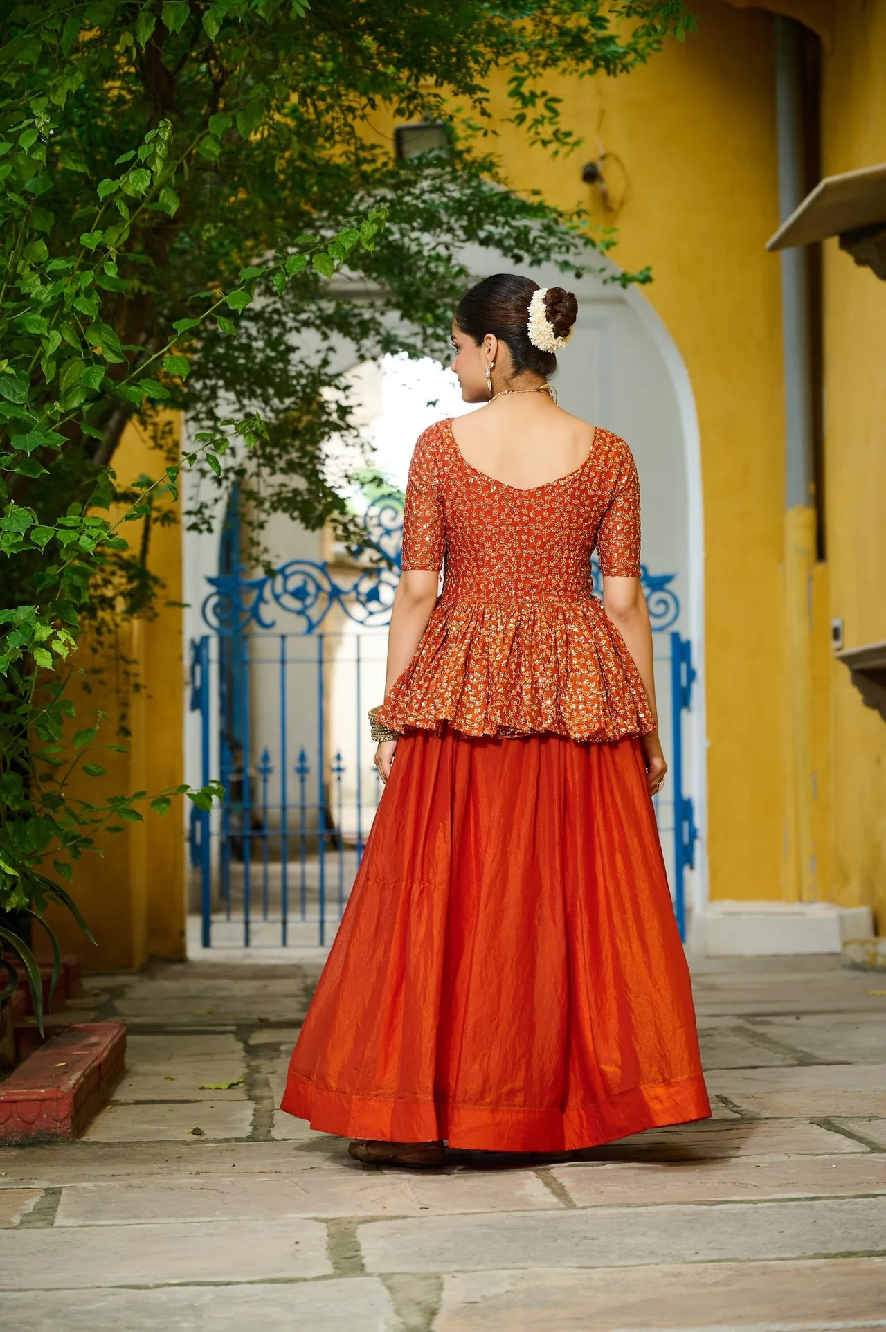 Women's Fendy Fabric Lehenga Choli with Peplum Top in Orange — photo 2 of 7