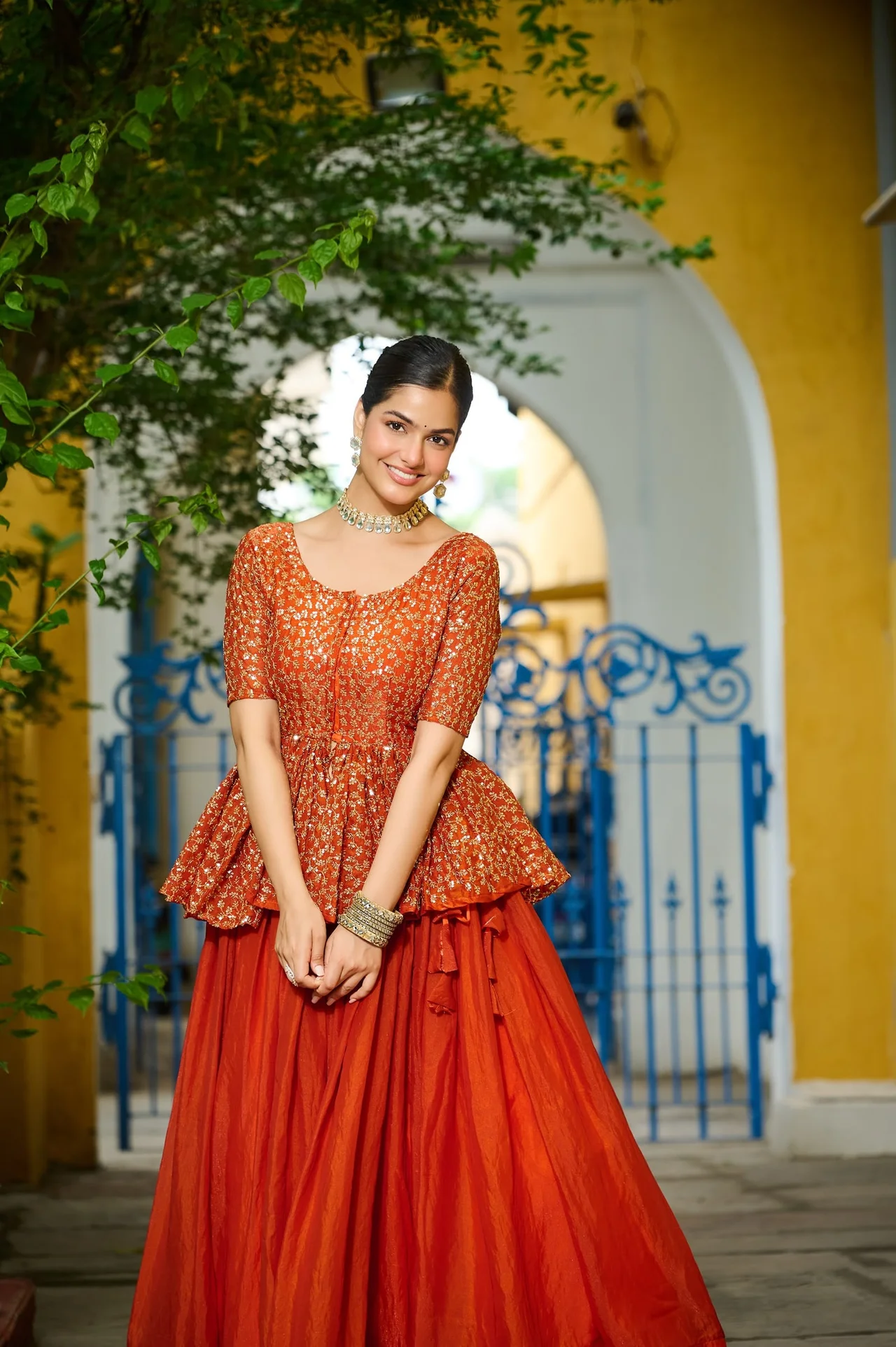 Women's Fendy Fabric Lehenga Choli with Peplum Top in Orange — photo 3 of 7