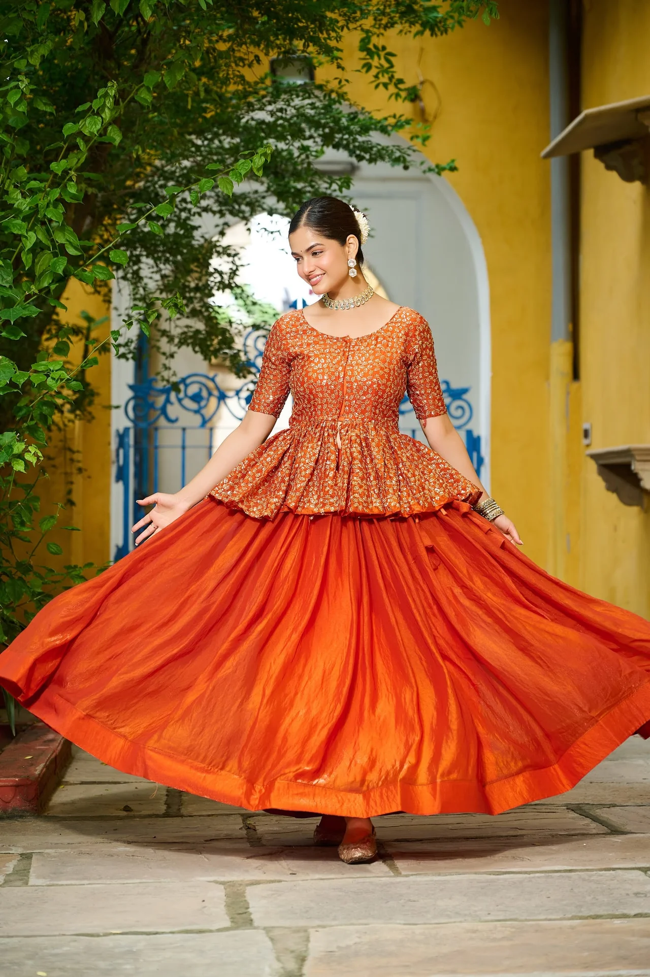 Women's Fendy Fabric Lehenga Choli with Peplum Top in Orange — photo 4 of 7