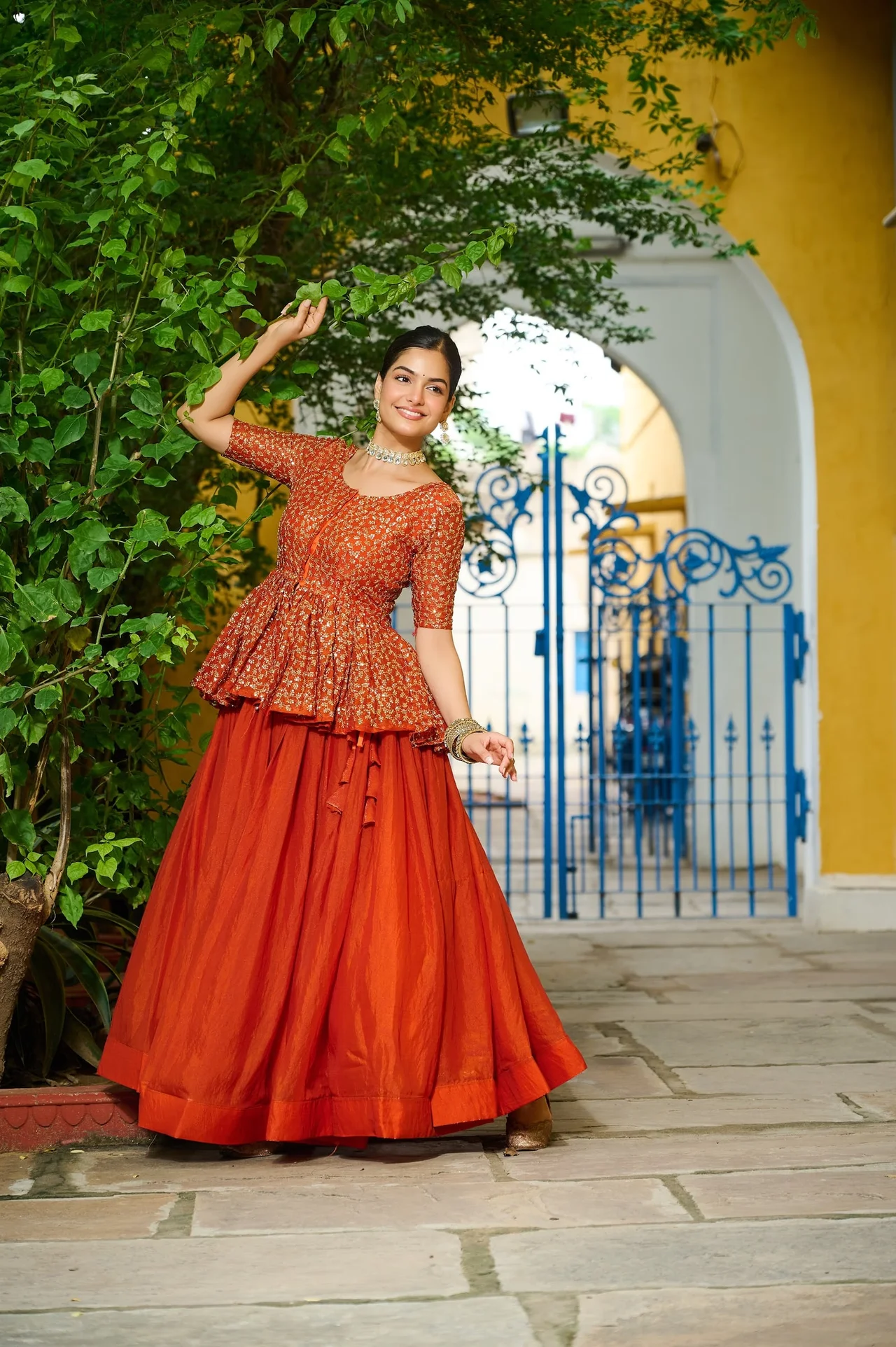Women's Fendy Fabric Lehenga Choli with Peplum Top in Orange — photo 5 of 7