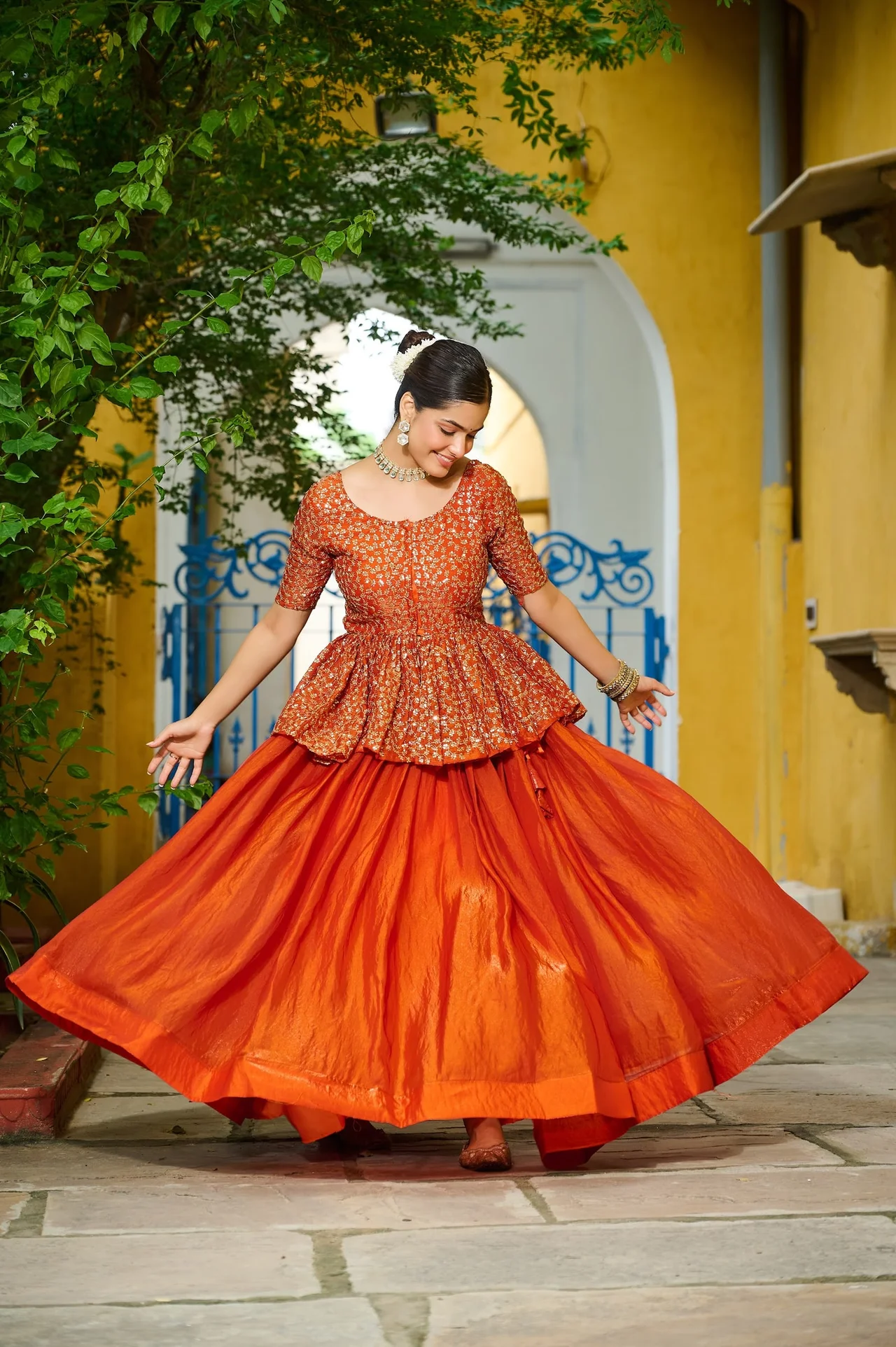 Women's Fendy Fabric Lehenga Choli with Peplum Top in Orange — photo 6 of 7