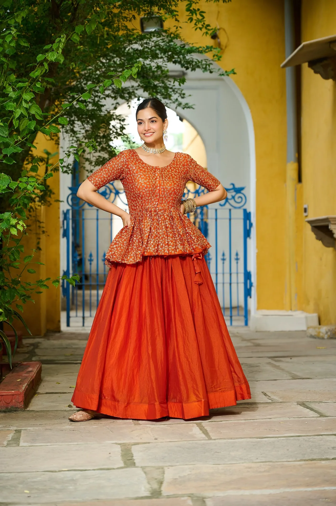 Women's Fendy Fabric Lehenga Choli with Peplum Top in Orange — photo 7 of 7