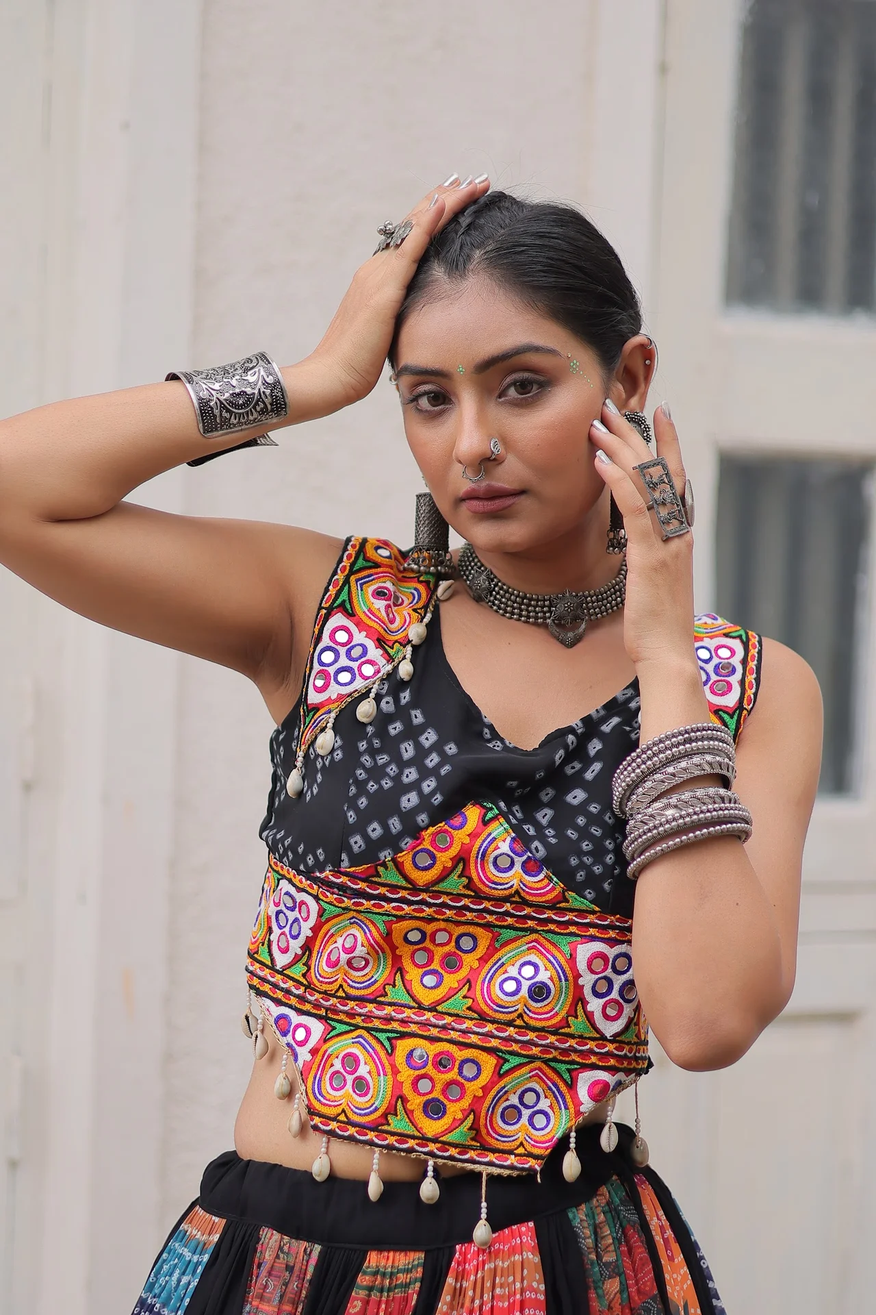 Women's Georgette Navratri Lehenga Choli with Kutchi Gamthi Embroidery in Multicolour — photo 4 of 10