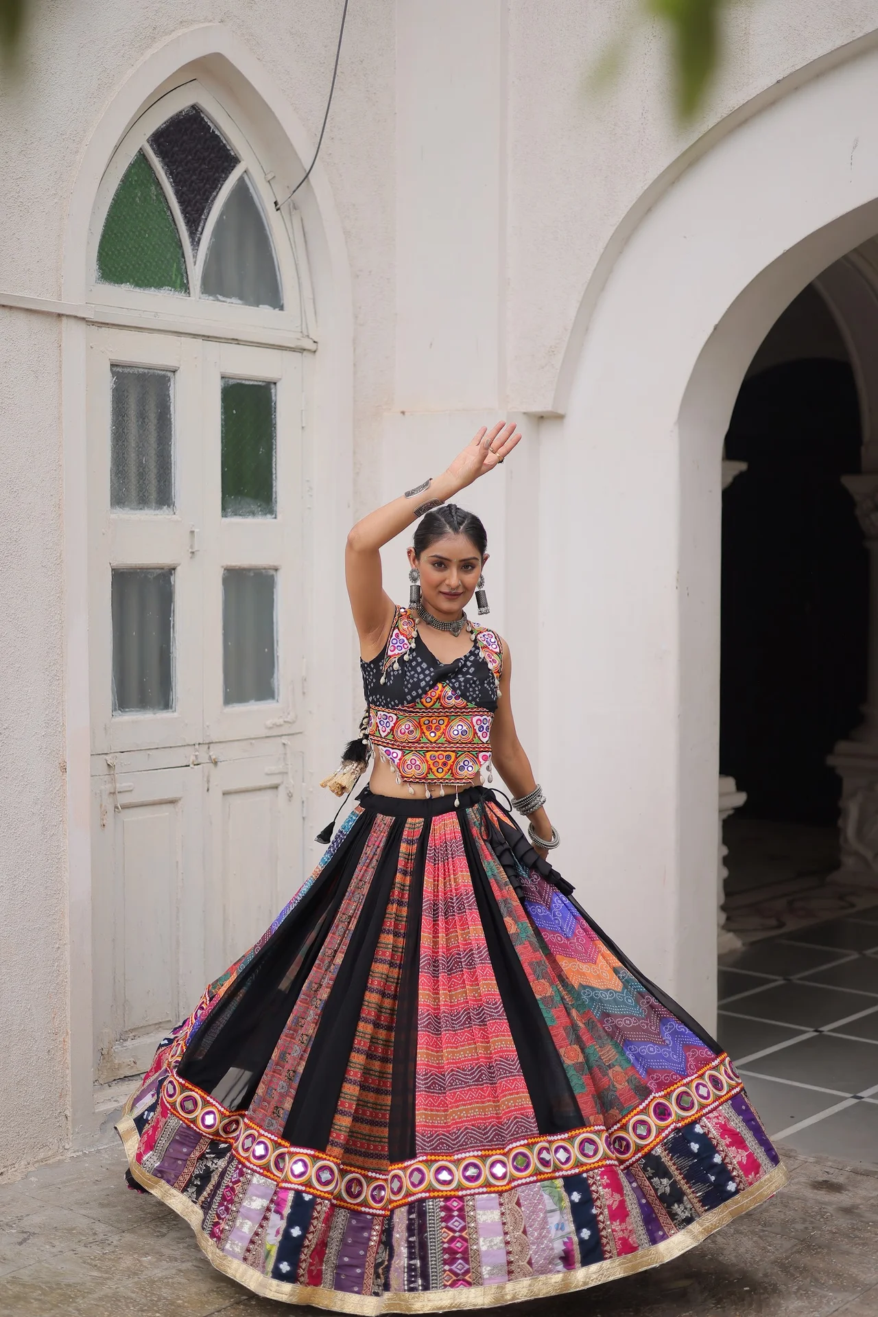 Women's Georgette Navratri Lehenga Choli with Kutchi Gamthi Embroidery in Multicolour — photo 7 of 10