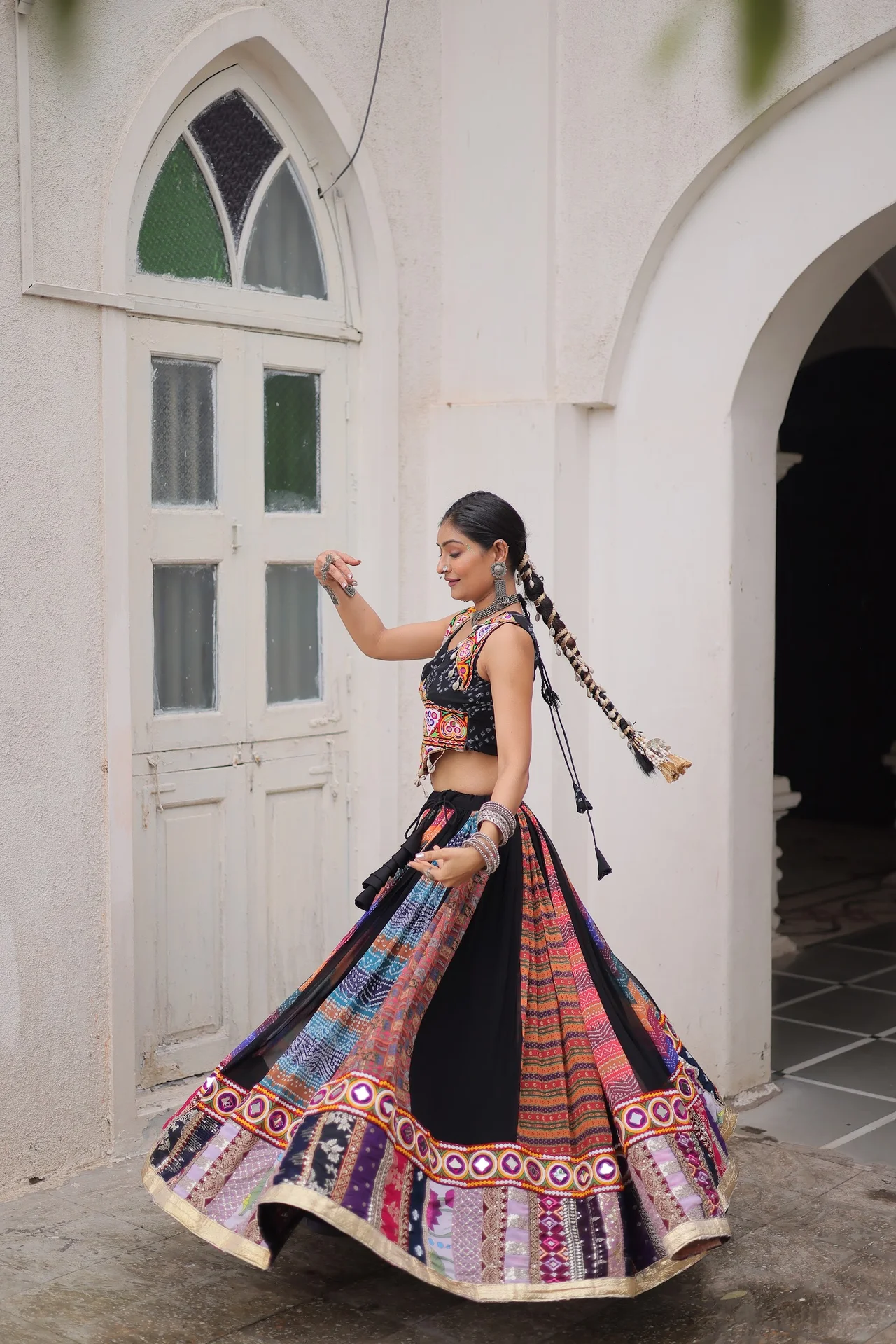 Women's Georgette Navratri Lehenga Choli with Kutchi Gamthi Embroidery in Multicolour — photo 8 of 10
