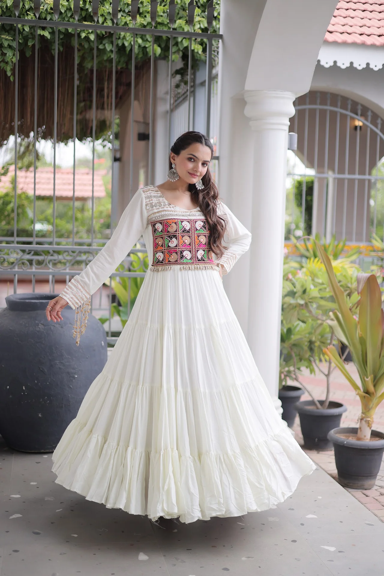 Women's Rayon Anarkali Gown with Kutchi Gamthi Thread Embroidery & Mirror Work in White — photo 2 of 7