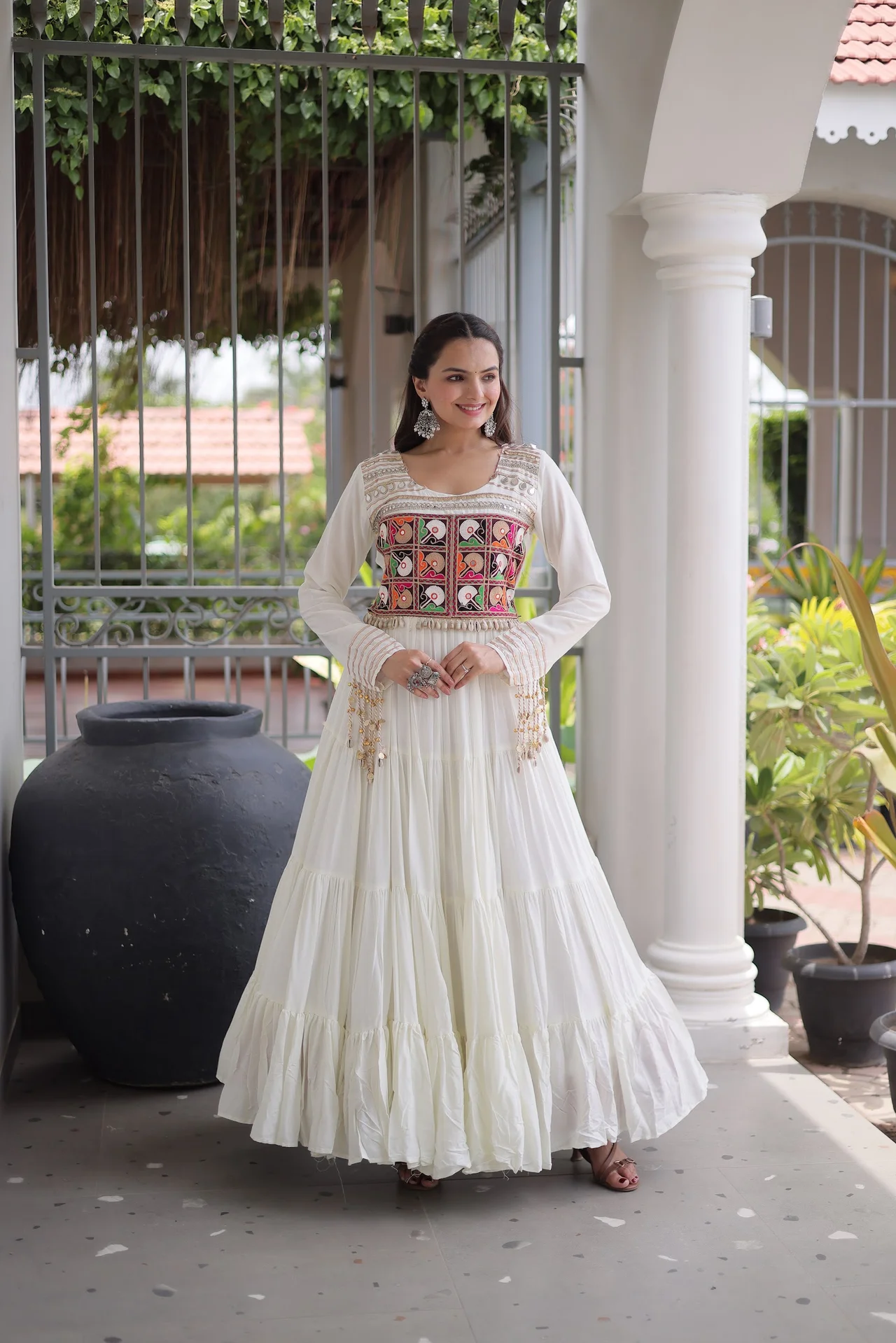 Women's Rayon Anarkali Gown with Kutchi Gamthi Thread Embroidery & Mirror Work in White — photo 3 of 7