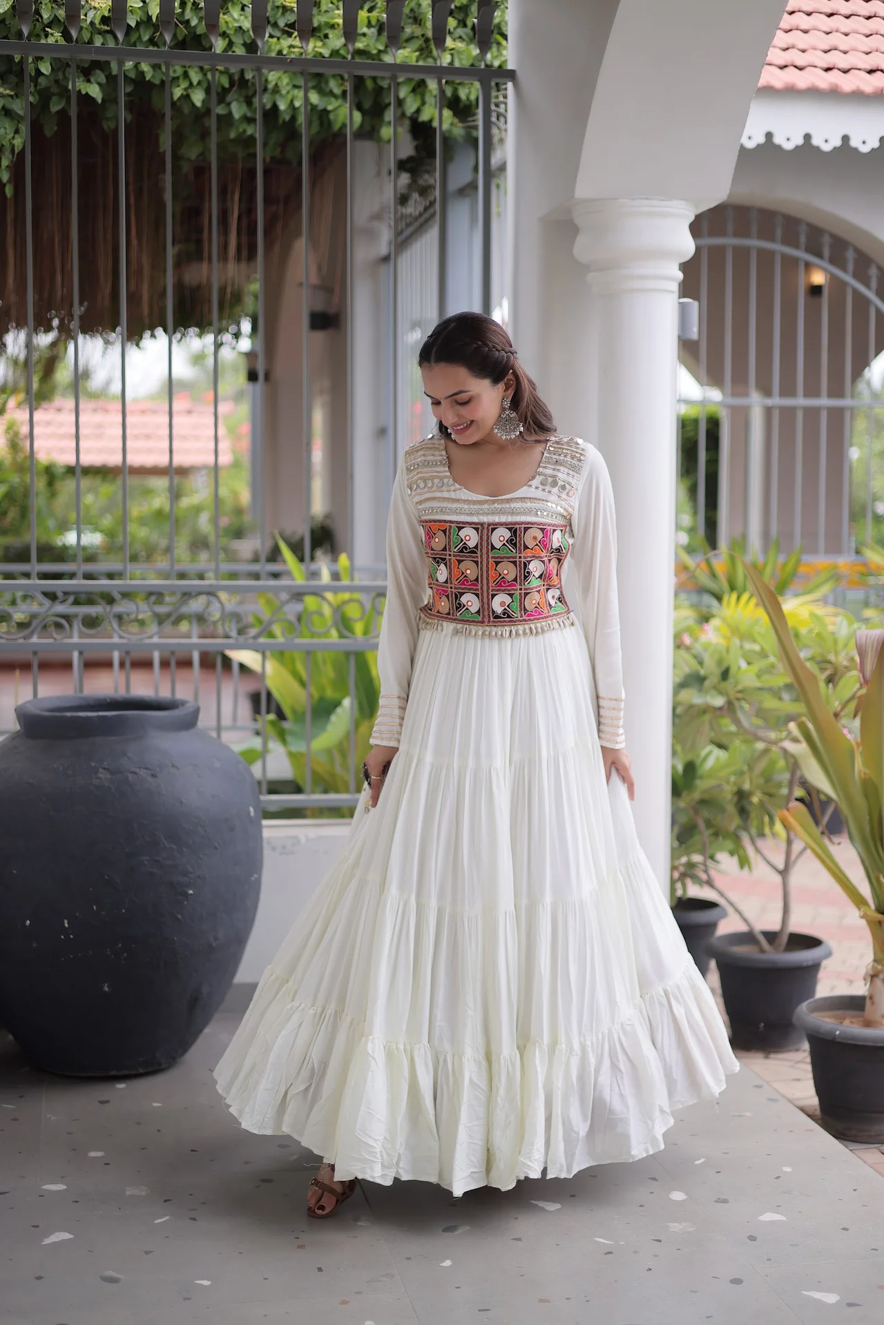 Women's Rayon Anarkali Gown with Kutchi Gamthi Thread Embroidery & Mirror Work in White — photo 4 of 7
