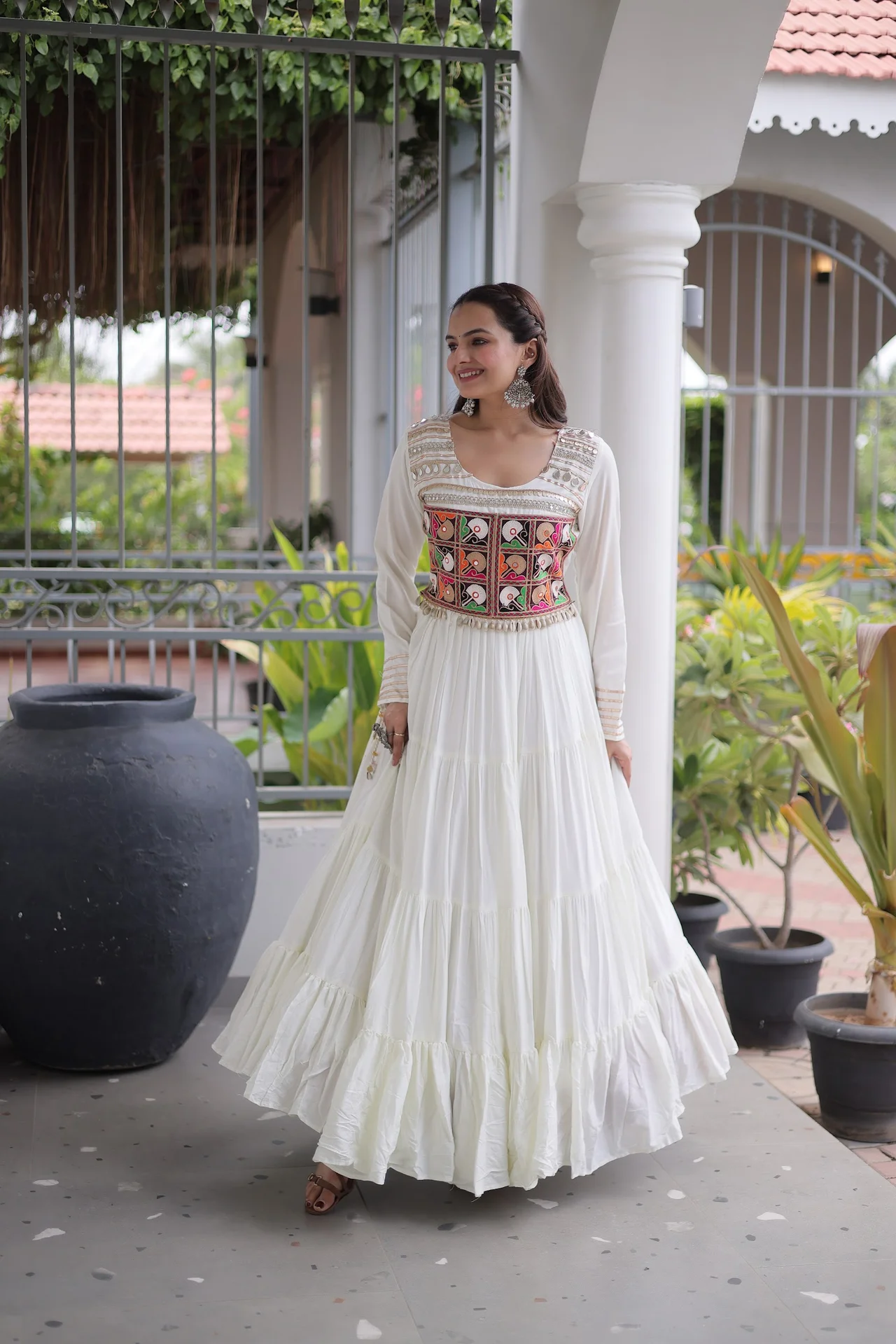 Women's Rayon Anarkali Gown with Kutchi Gamthi Thread Embroidery & Mirror Work in White — photo 5 of 7