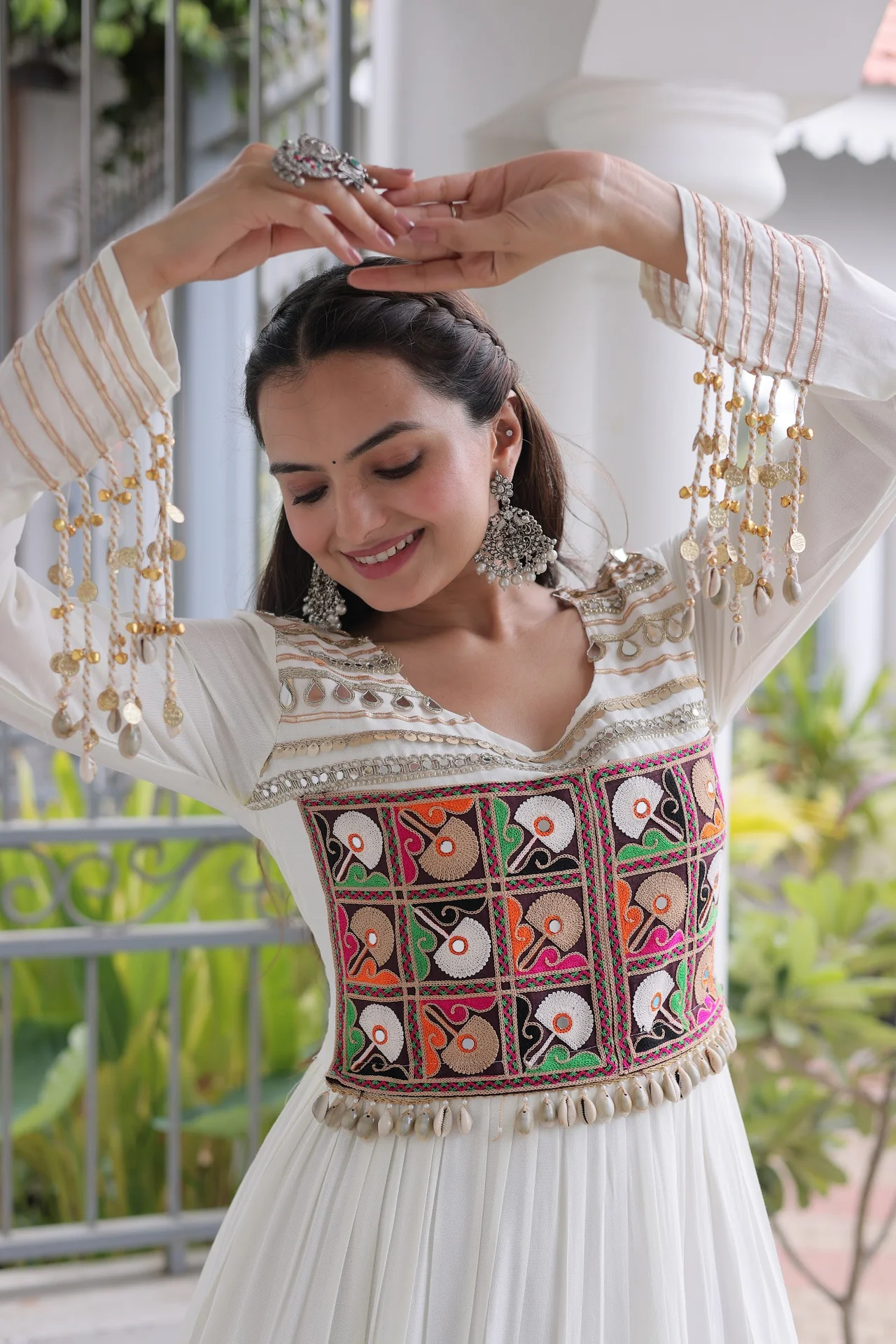 Women's Rayon Anarkali Gown with Kutchi Gamthi Thread Embroidery & Mirror Work in White — photo 6 of 7