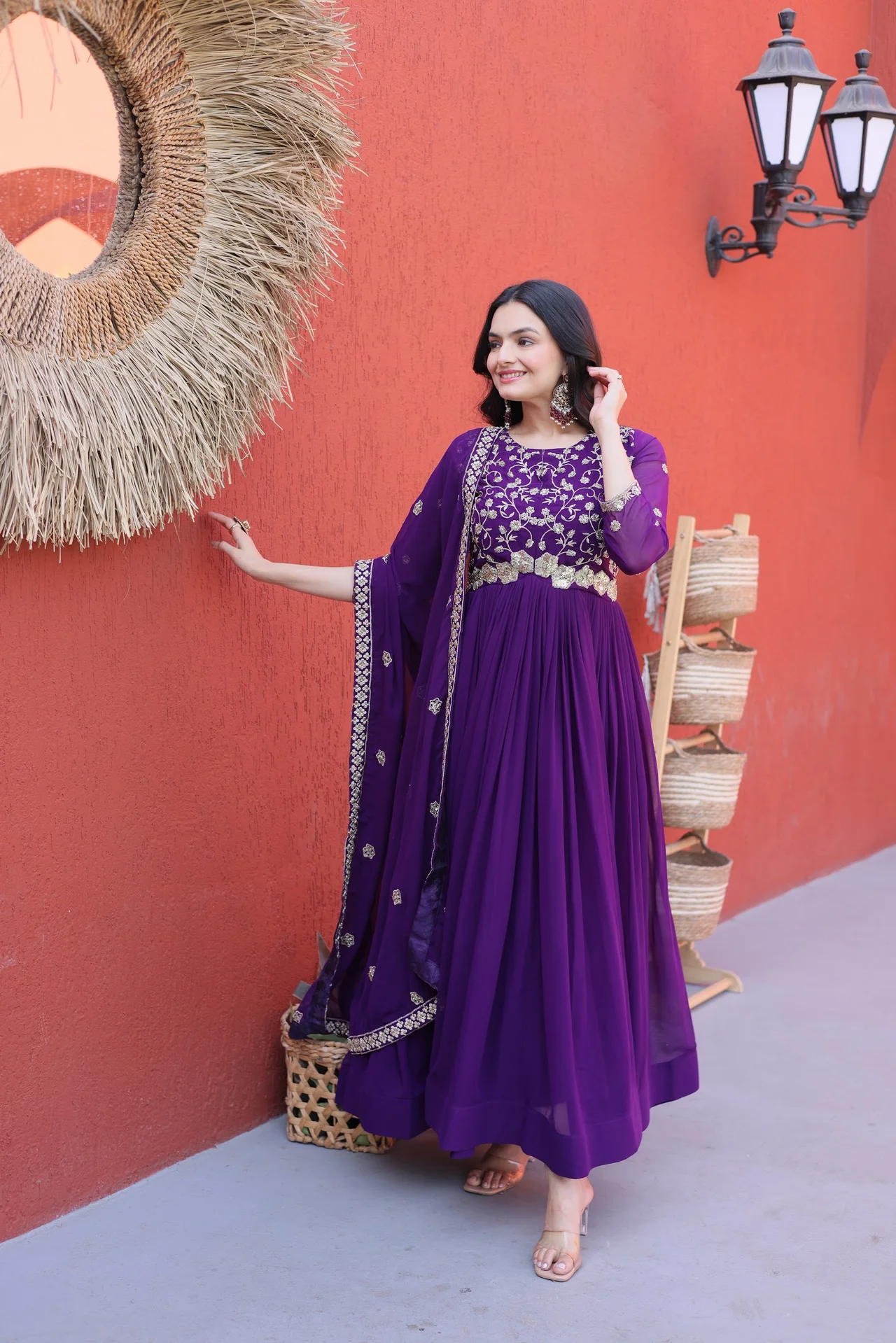 Women's Faux Blooming Embroidered Gown with Dupatta in Purple — photo 2 of 9