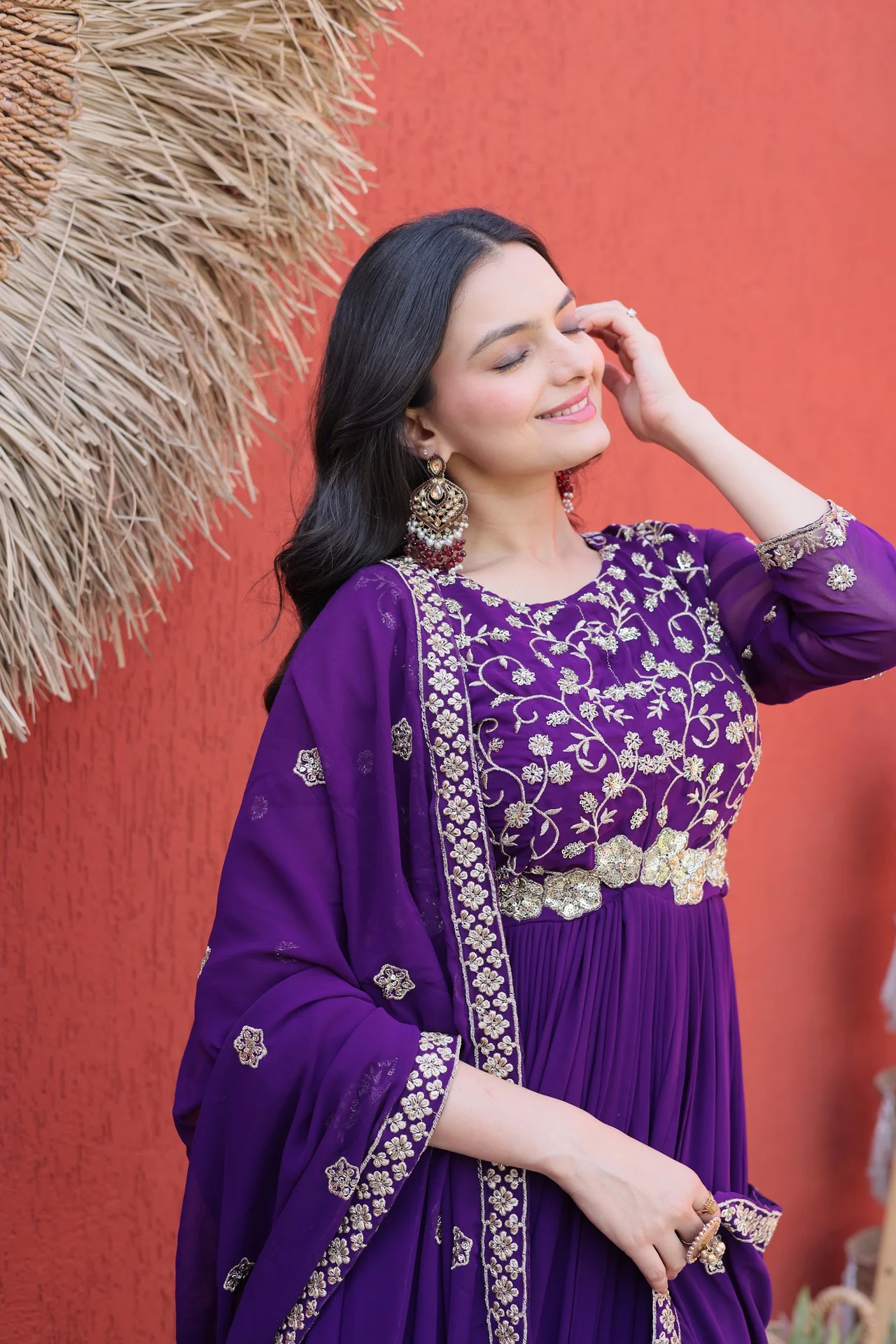 Women's Faux Blooming Embroidered Gown with Dupatta in Purple — photo 3 of 9