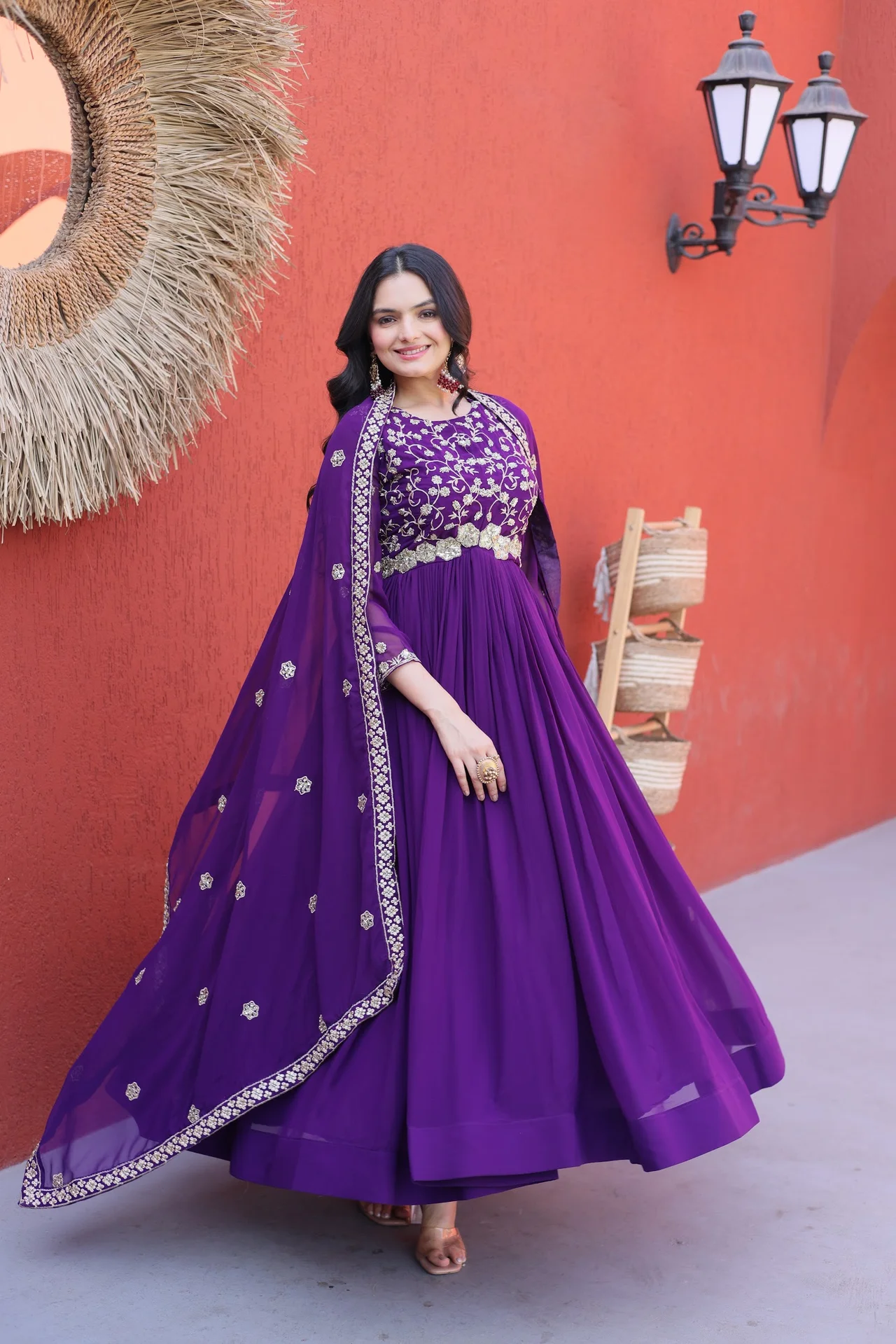 Women's Faux Blooming Embroidered Gown with Dupatta in Purple — photo 4 of 9