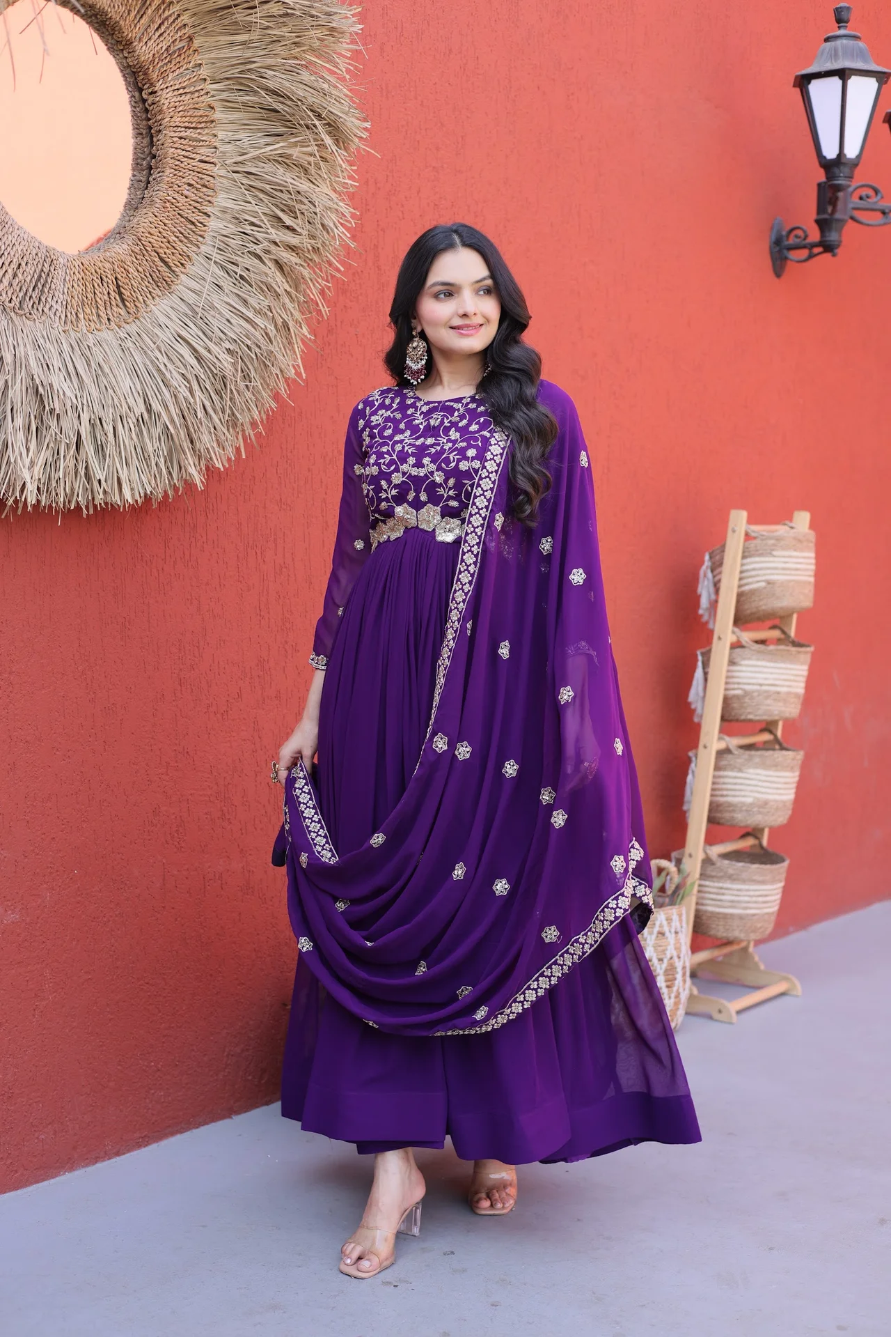 Women's Faux Blooming Embroidered Gown with Dupatta in Purple — photo 5 of 9
