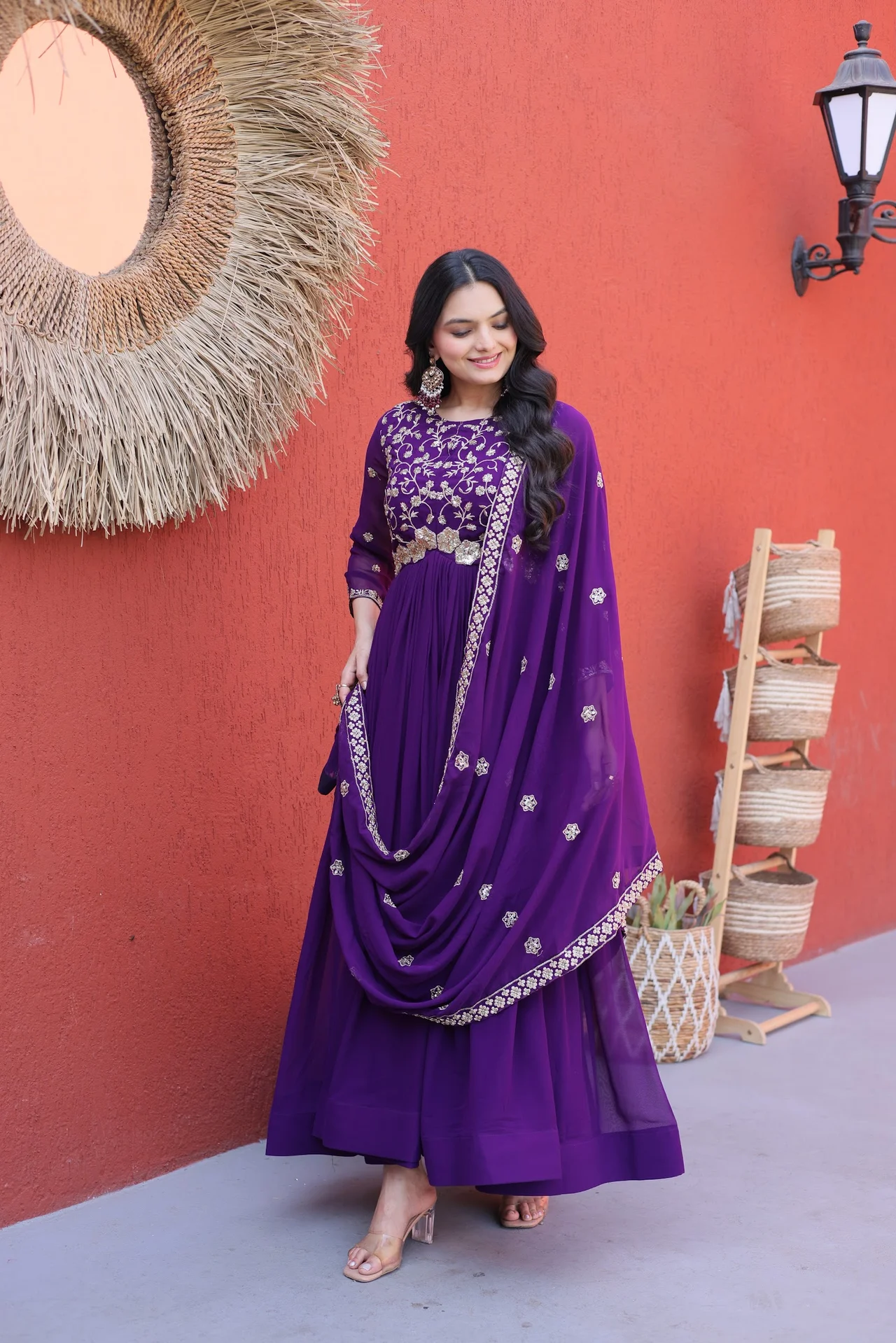 Women's Faux Blooming Embroidered Gown with Dupatta in Purple — photo 6 of 9