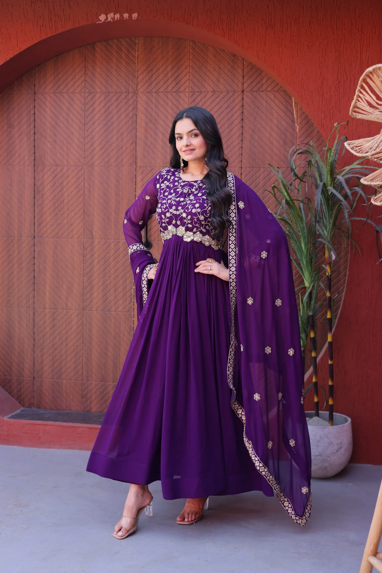 Women's Faux Blooming Embroidered Gown with Dupatta in Purple — photo 7 of 9