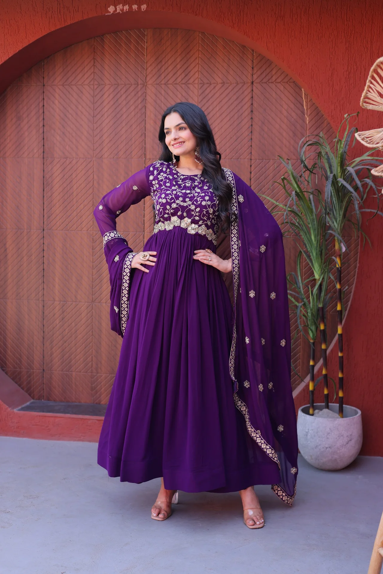Women's Faux Blooming Embroidered Gown with Dupatta in Purple — photo 8 of 9