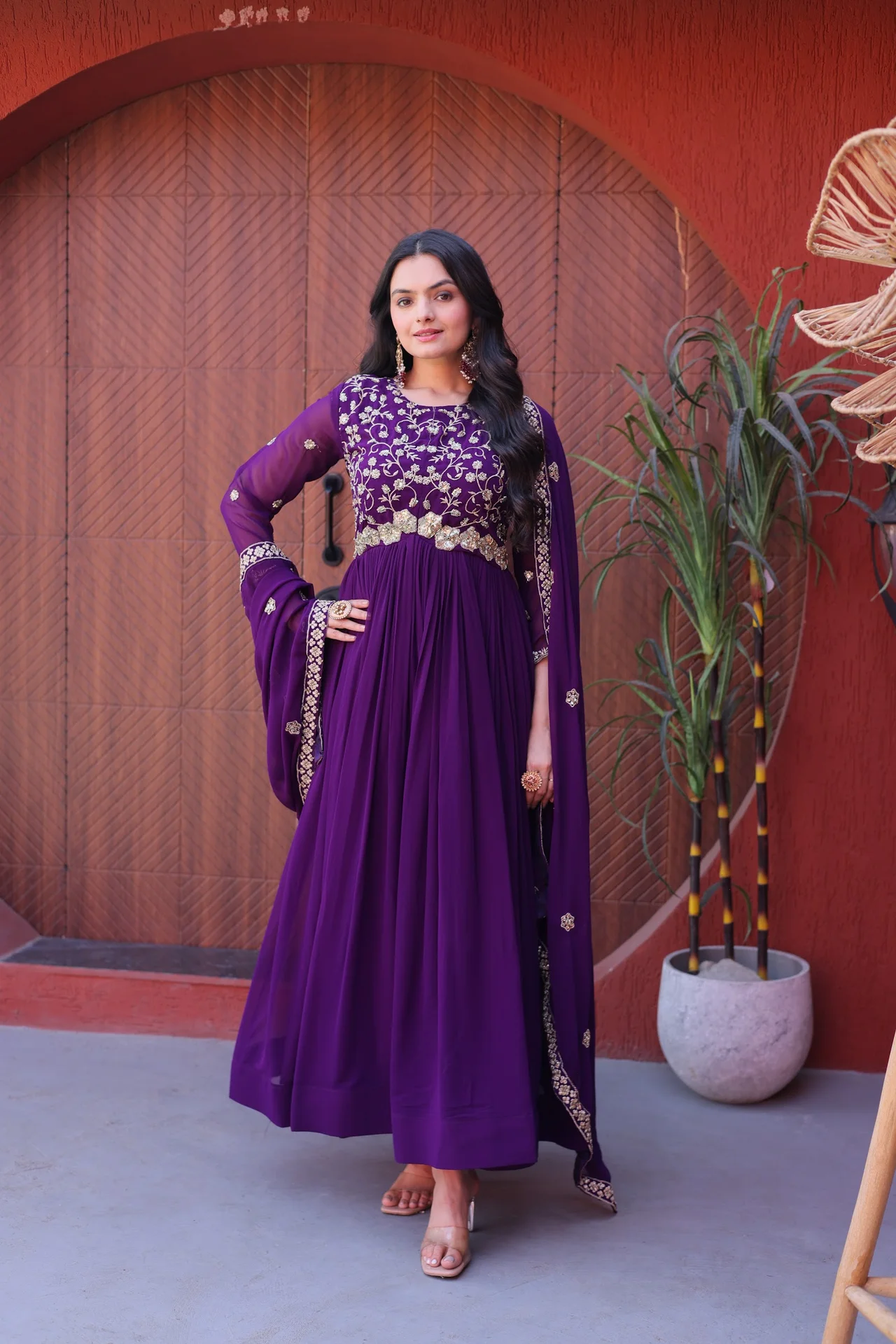 Women's Faux Blooming Embroidered Gown with Dupatta in Purple — photo 9 of 9