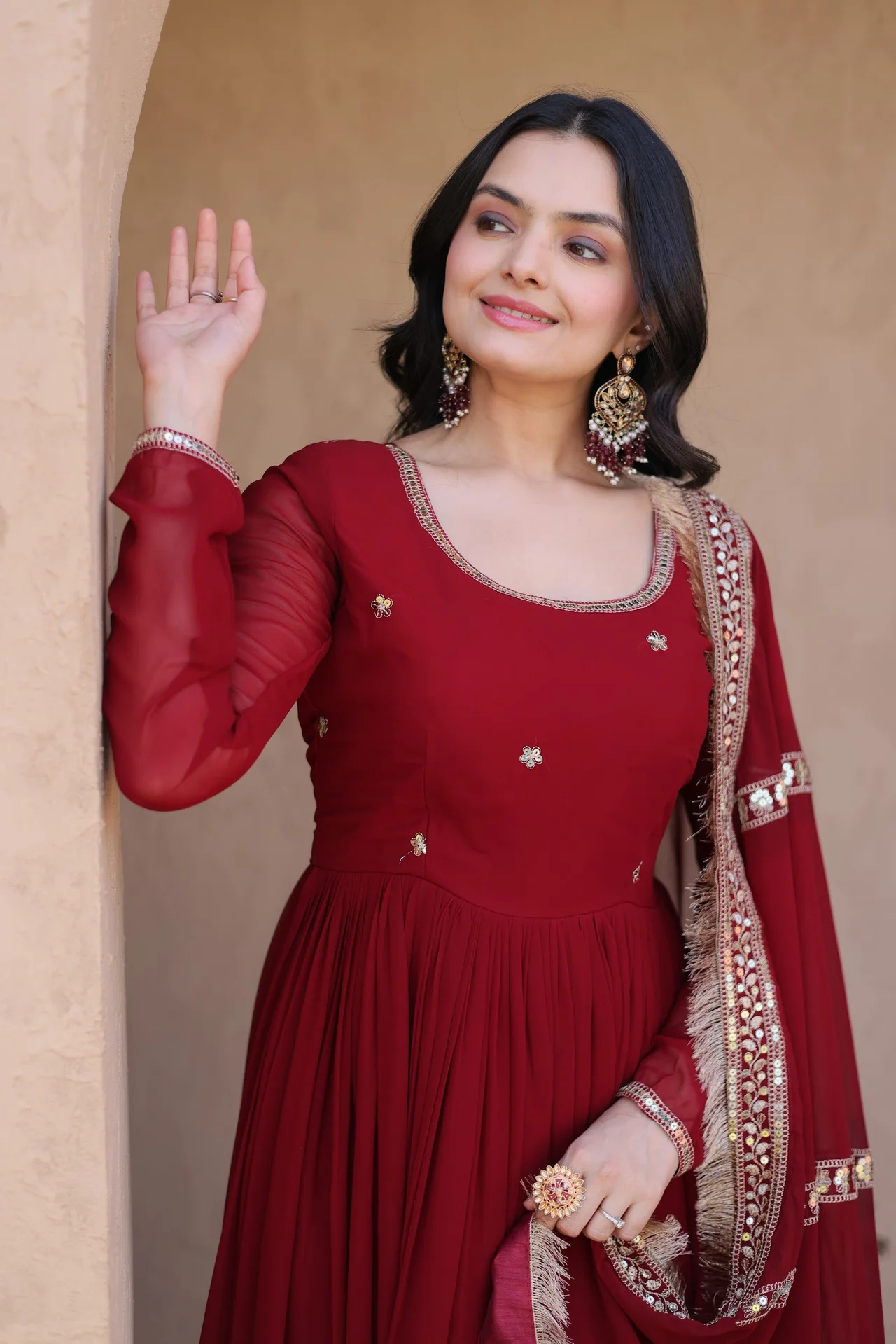 Women's Faux Blooming Anarkali Gown with Dupatta in Maroon — photo 2 of 7