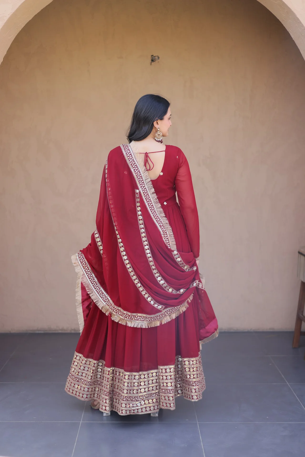 Women's Faux Blooming Anarkali Gown with Dupatta in Maroon — photo 3 of 7