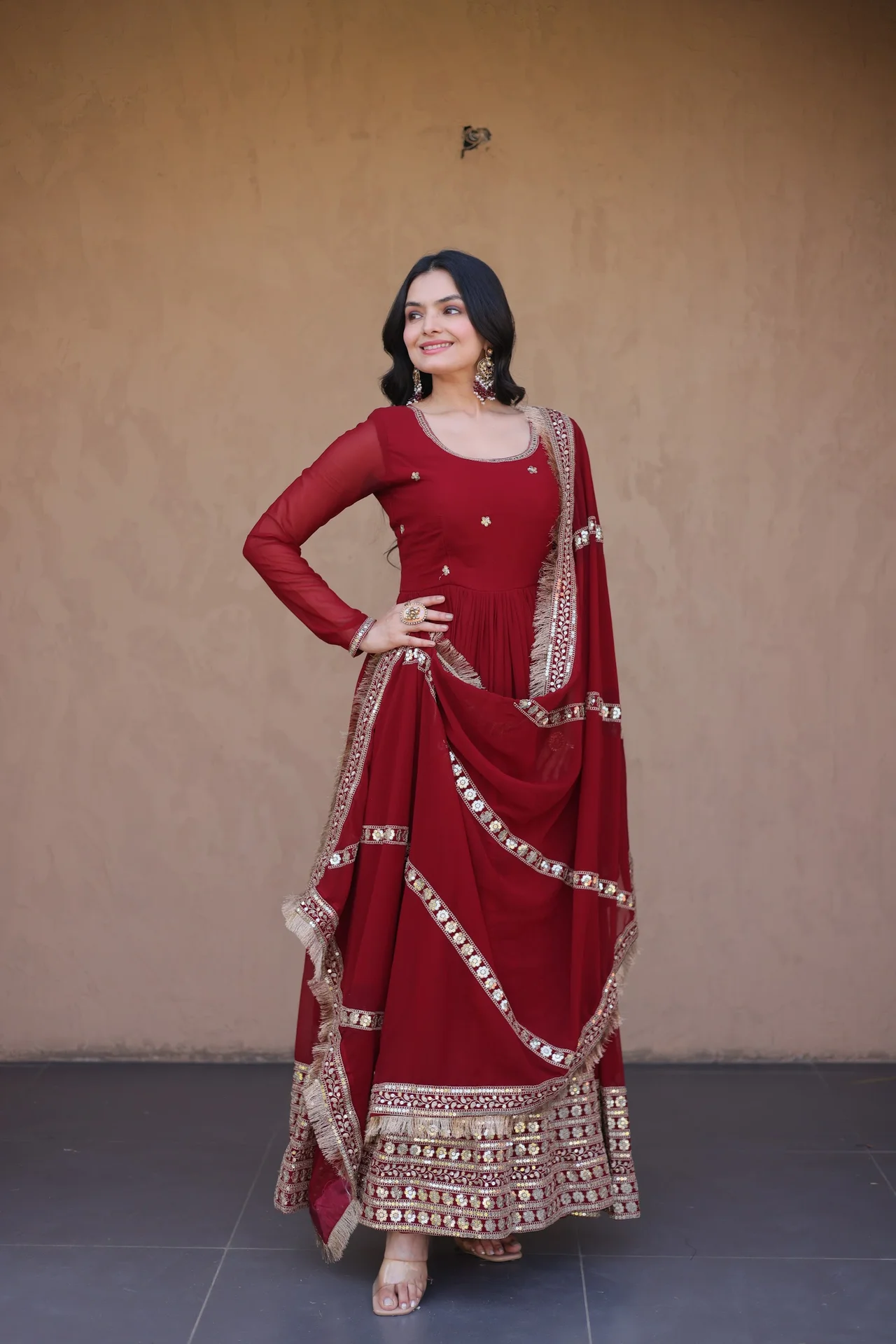 Women's Faux Blooming Anarkali Gown with Dupatta in Maroon — photo 4 of 7