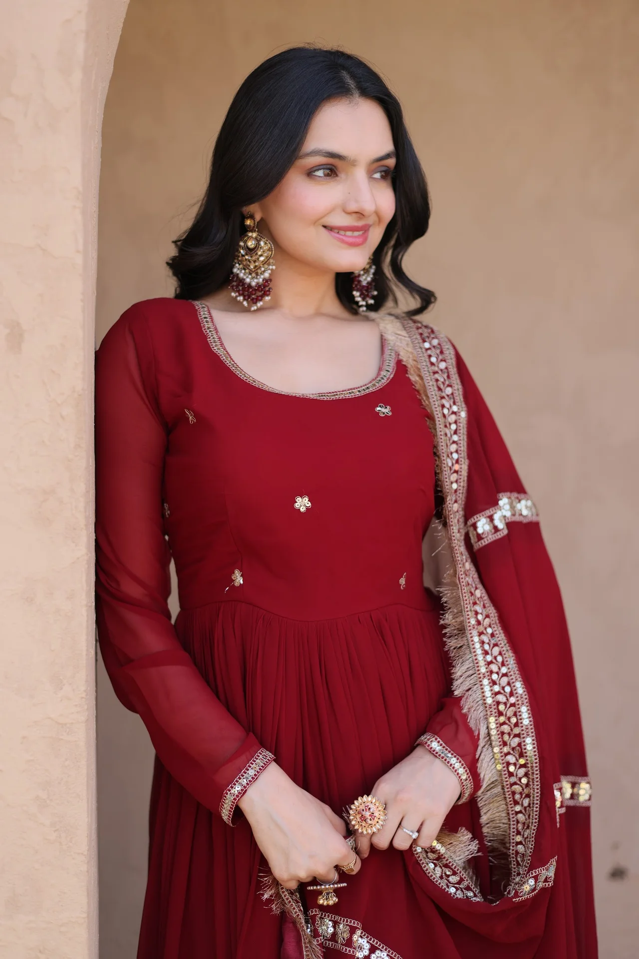 Women's Faux Blooming Anarkali Gown with Dupatta in Maroon — photo 5 of 7