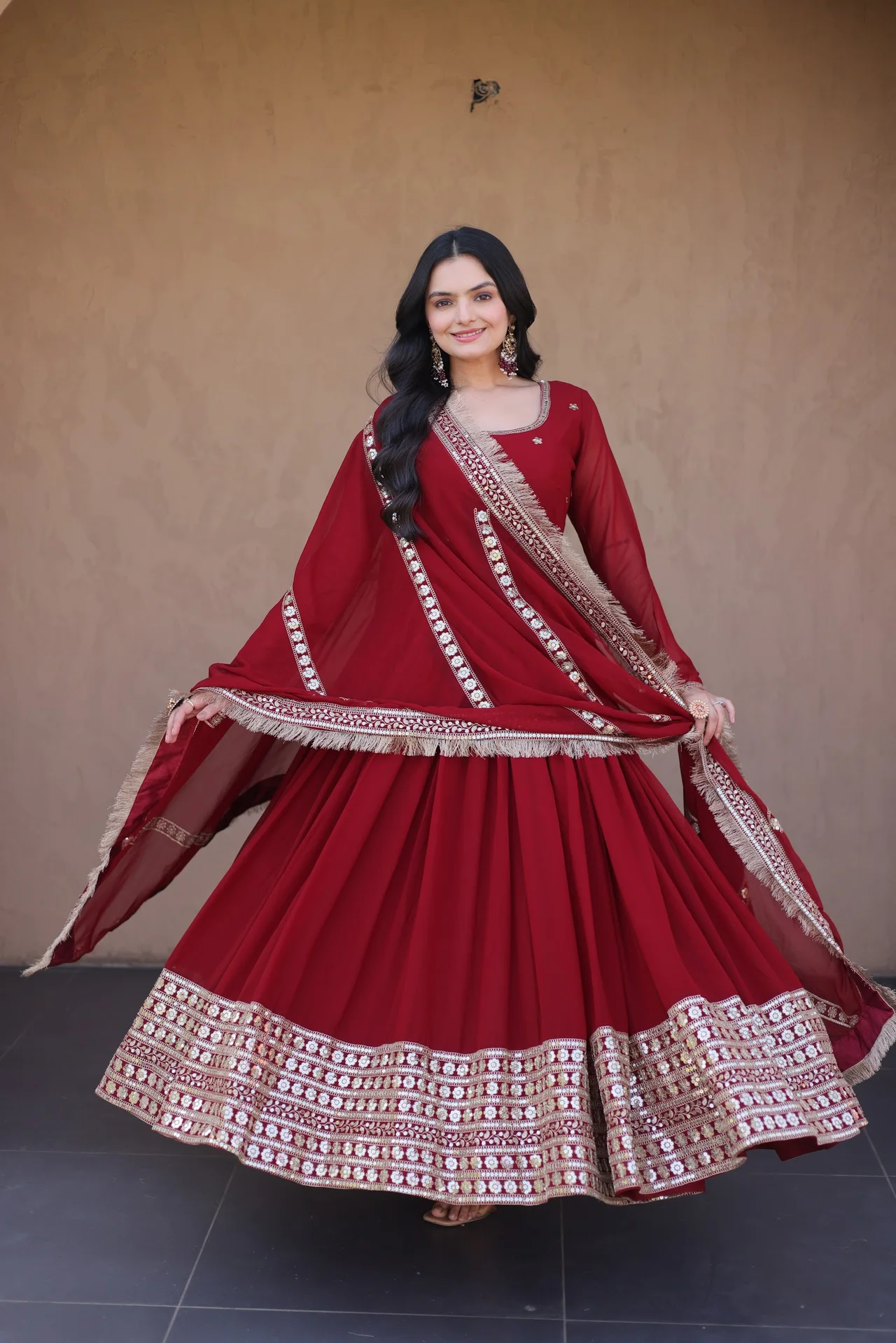 Women's Faux Blooming Anarkali Gown with Dupatta in Maroon — photo 6 of 7