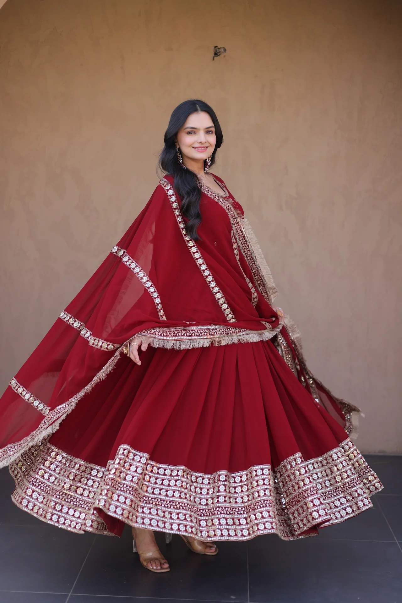 Women's Faux Blooming Anarkali Gown with Dupatta in Maroon — photo 7 of 7