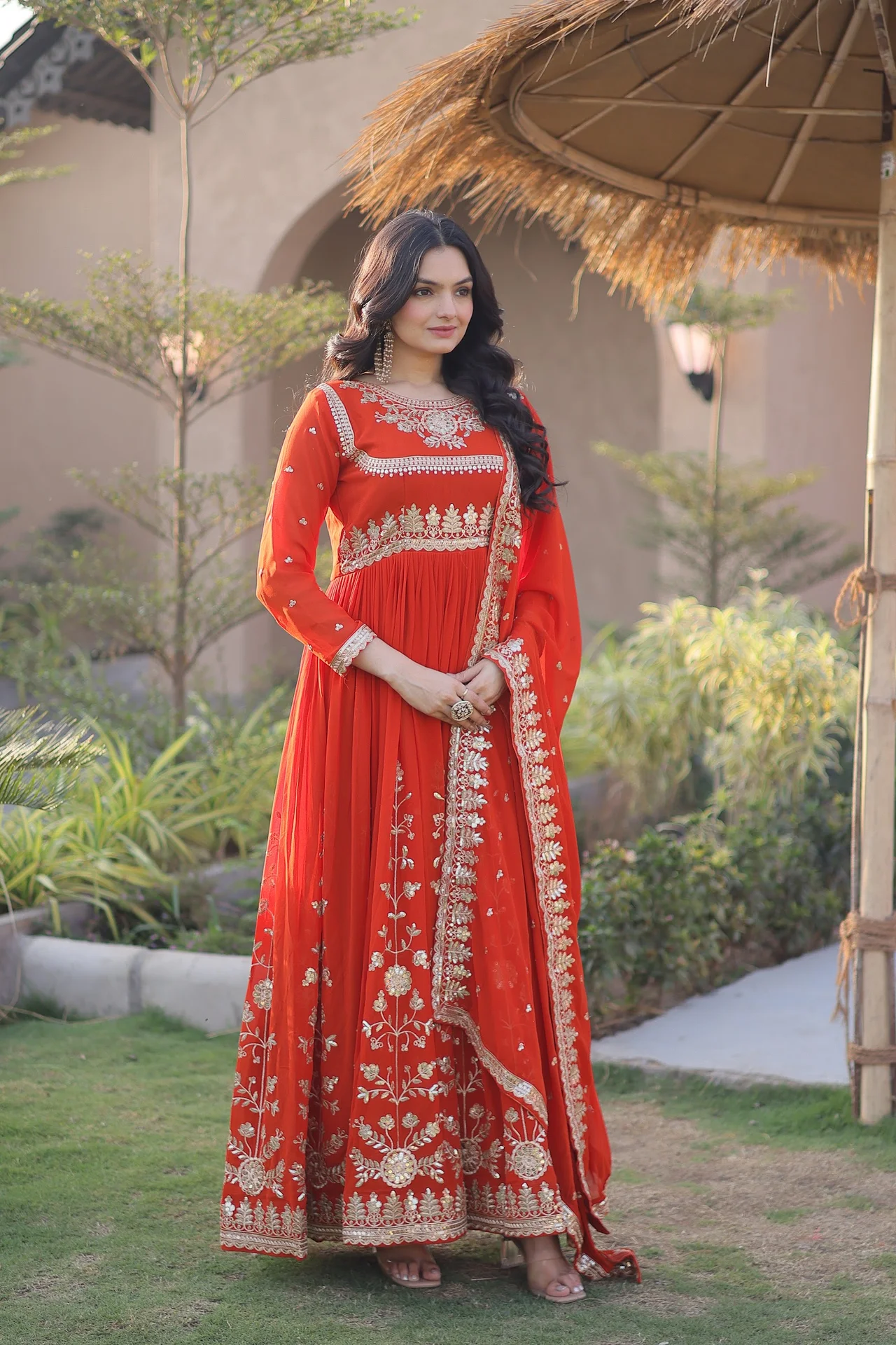 Women's Faux Georgette Embroidered Gown with Dupatta in Orange — photo 2 of 7