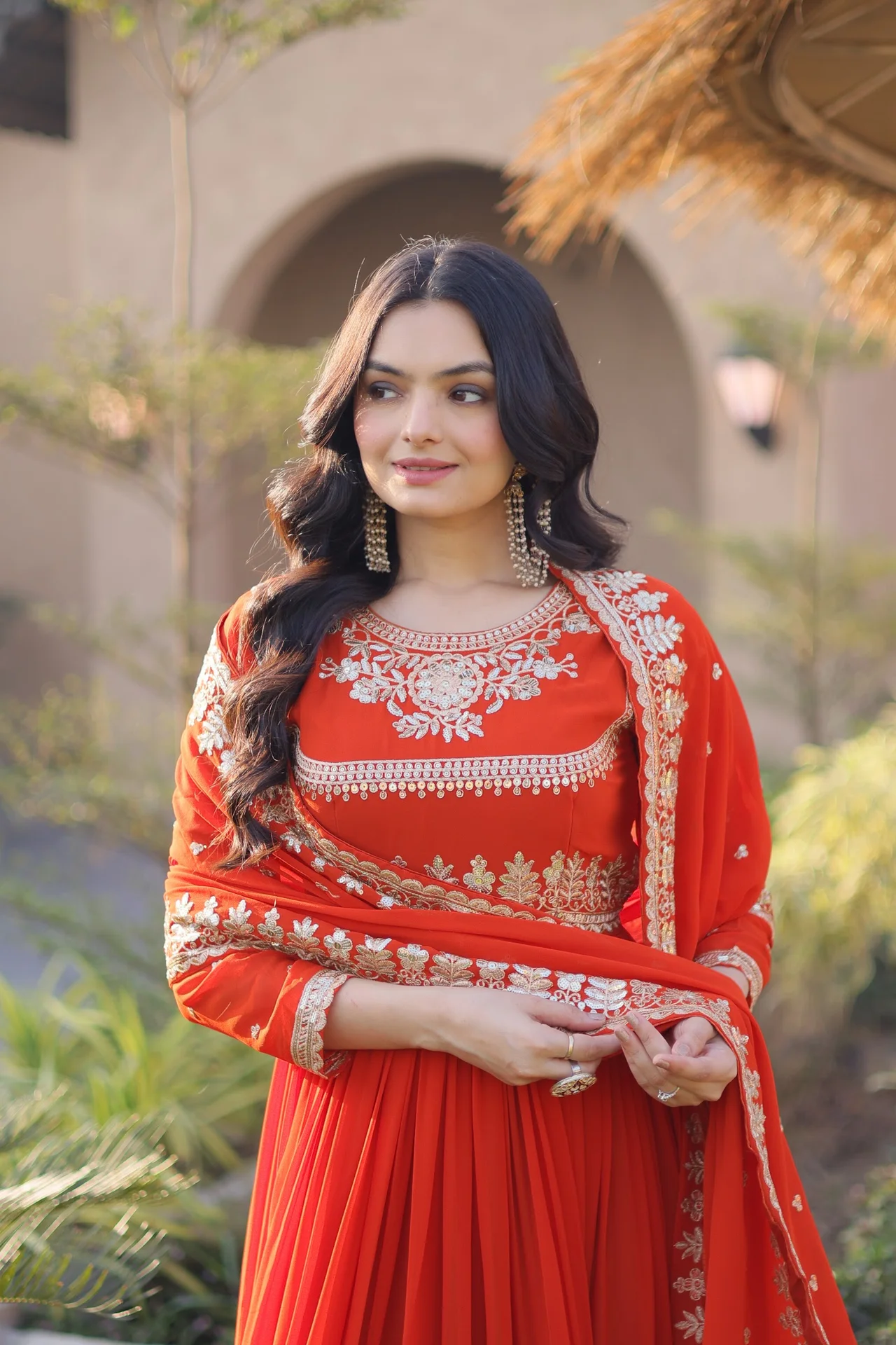 Women's Faux Georgette Embroidered Gown with Dupatta in Orange — photo 3 of 7