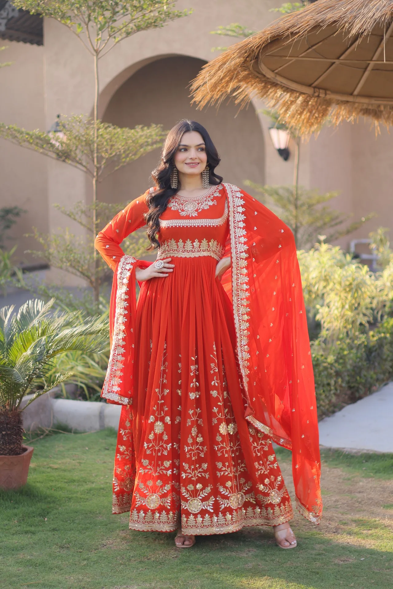 Women's Faux Georgette Embroidered Gown with Dupatta in Orange — photo 4 of 7
