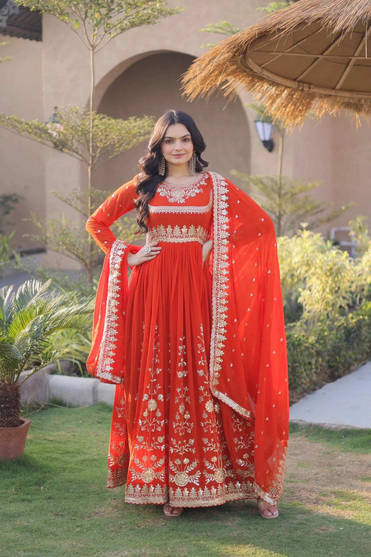 Women's Faux Georgette Embroidered Gown with Dupatta in Orange — photo 5 of 7