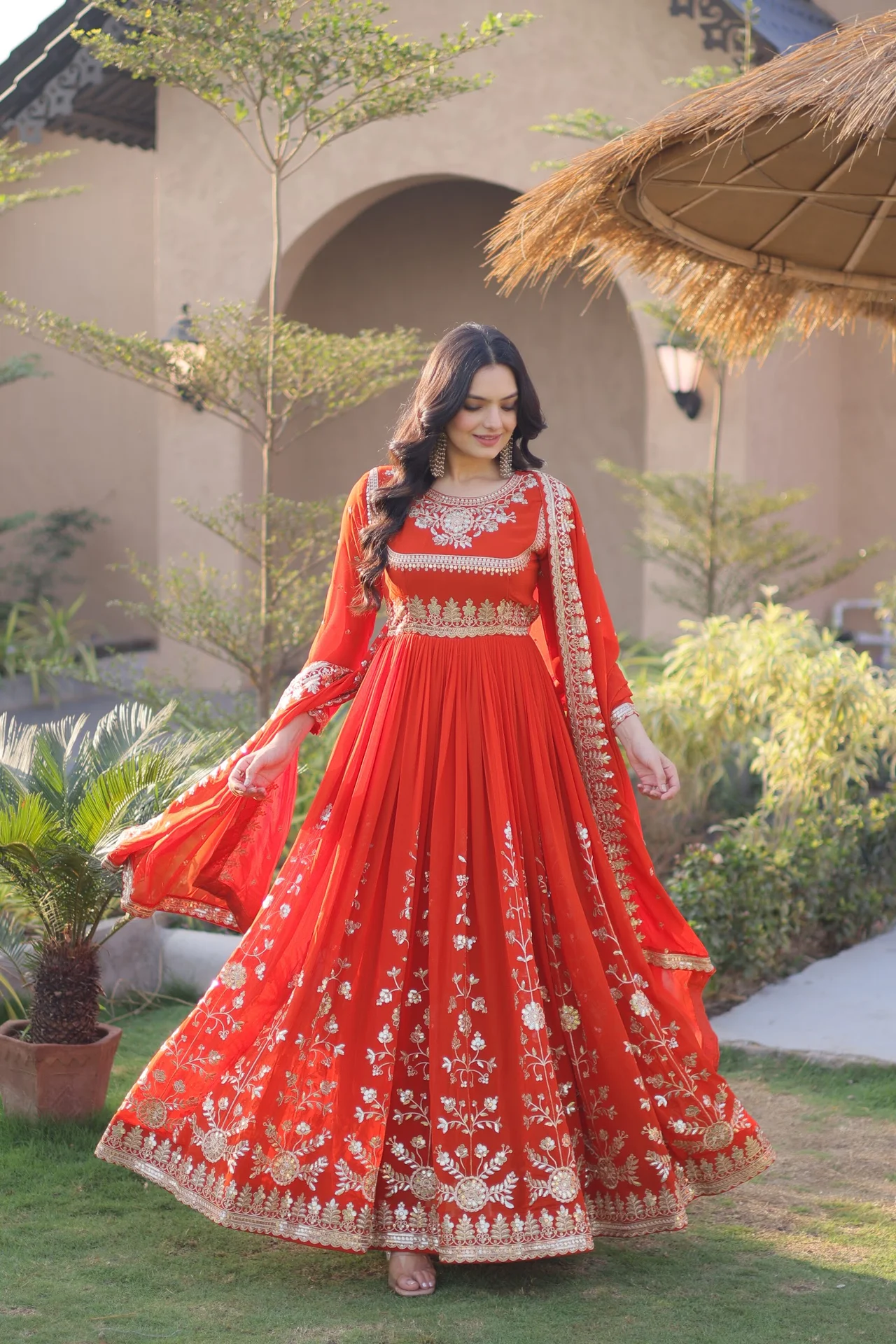 Women's Faux Georgette Embroidered Gown with Dupatta in Orange — photo 6 of 7